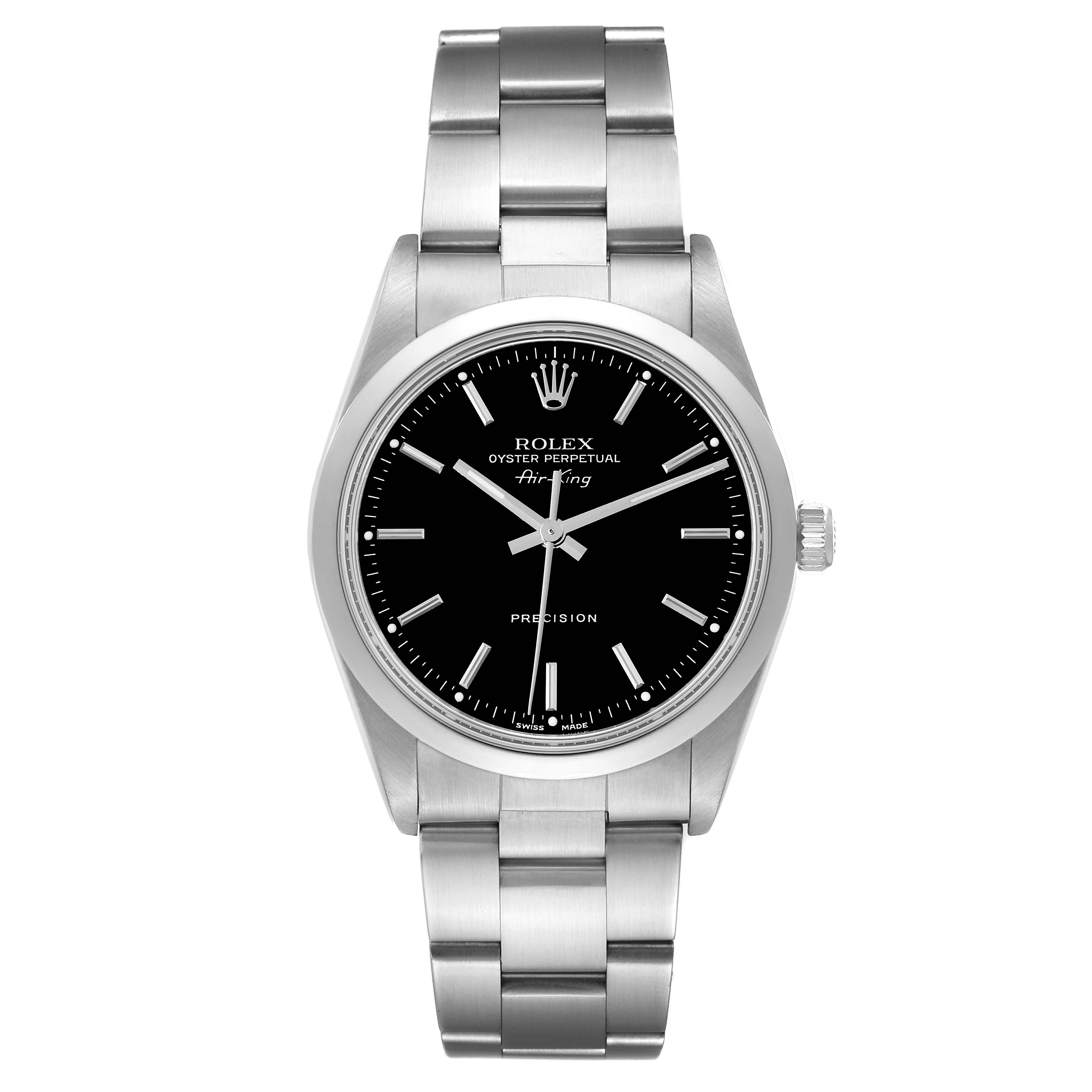 This image shows a front view of a Rolex Air-King 14000 Men's Stainless Steel Black Dial 14000 Men's Stainless Steel Black Dial watch, featuring its dial, case, and bracelet.