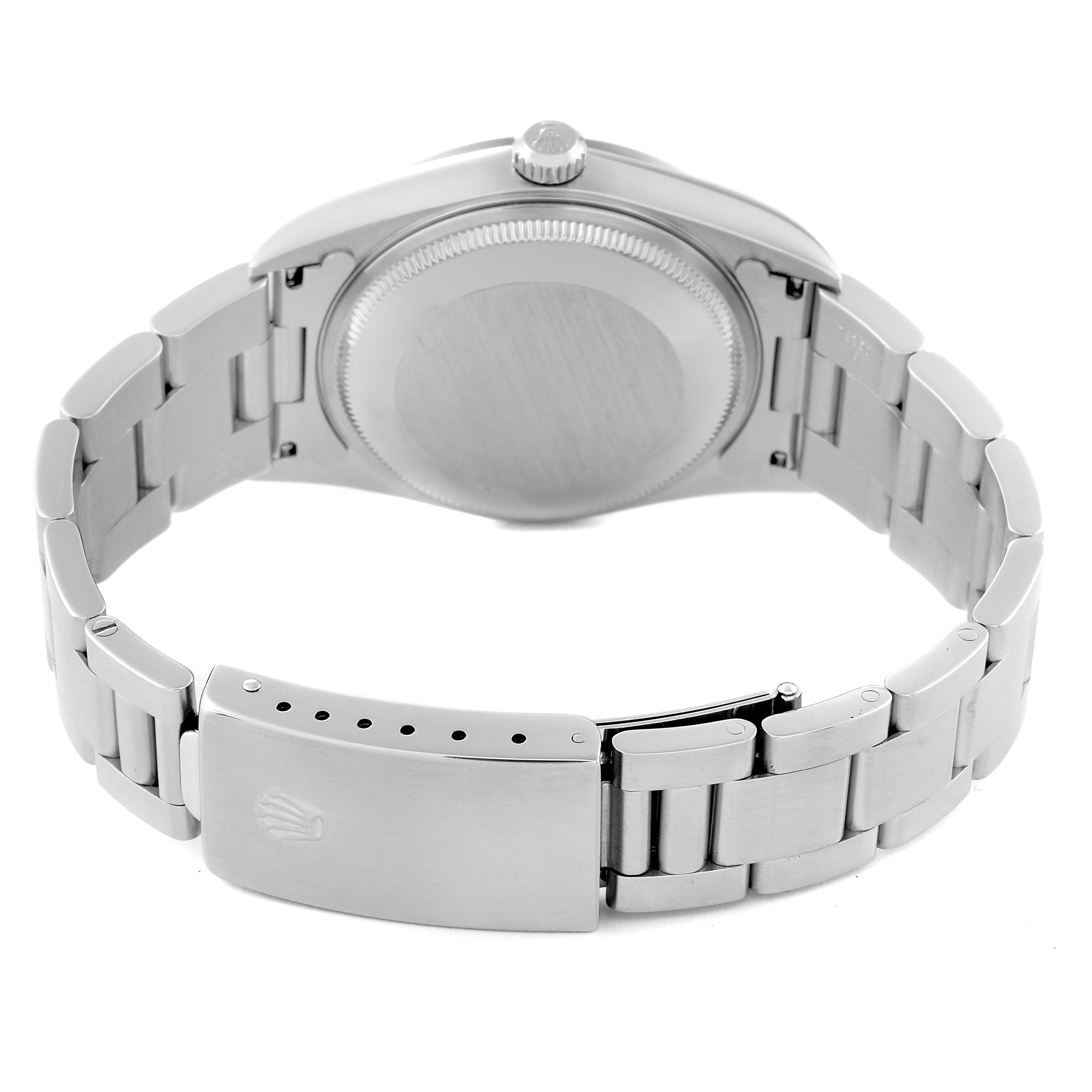 The Rolex Air-King 14000 Men's Stainless Steel Black Dial 14000 Men's Stainless Steel Black Dial watch is shown from the back, featuring the case back, crown, and bracelet with clasp.