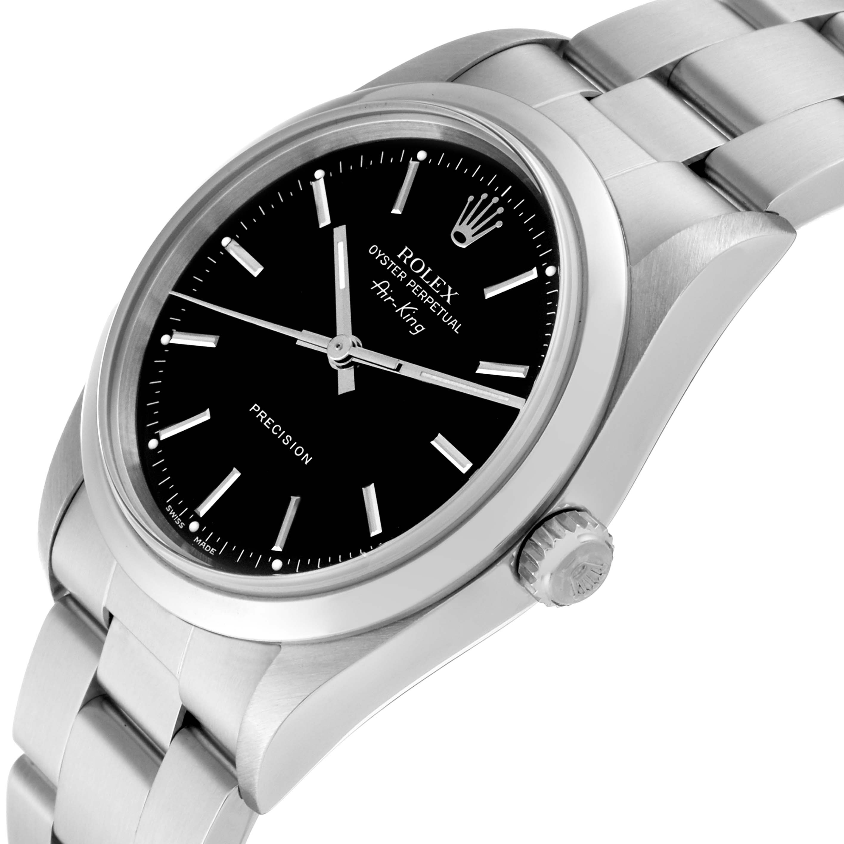 The image shows a side angle of the Rolex Air-King 14000 Men's Stainless Steel Black Dial 14000 Men's Stainless Steel Black Dial watch, displaying the dial, crown, and a portion of the bracelet.