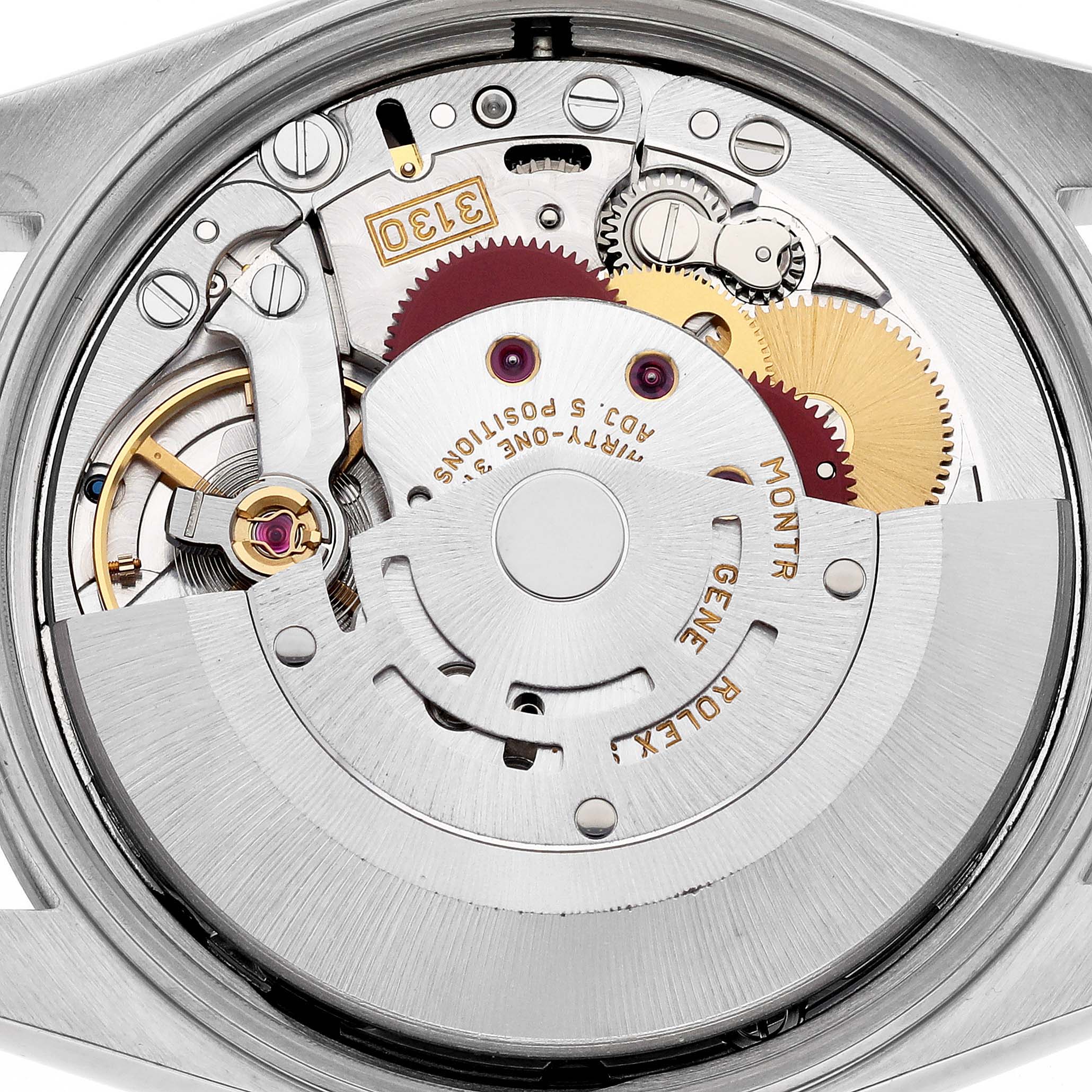 The image shows the internal mechanics and movement parts of a Rolex Air-King 14000 Men's Stainless Steel Black Dial 14000 Men's Stainless Steel Black Dial watch, viewed from the back.
