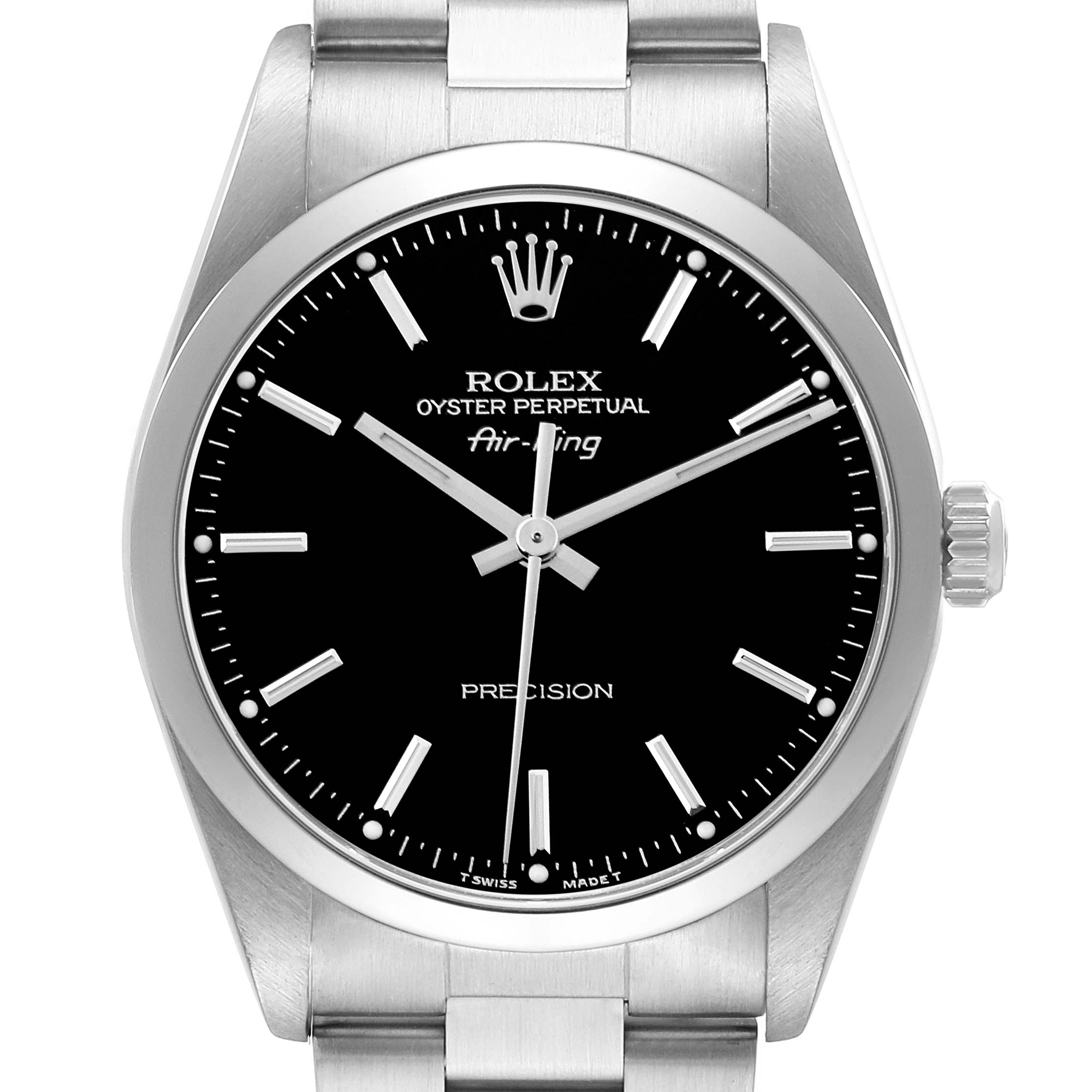 The image shows a Rolex Air-King 14000 Men's Stainless Steel Black Dial 14000 Men's Stainless Steel Black Dial watch from a front angle, displaying the dial, crown, and part of the bracelet.