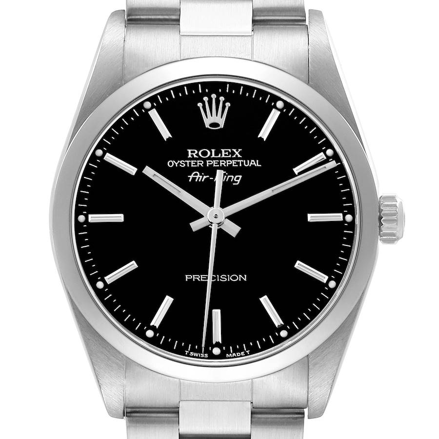 The image shows a Rolex Air-King watch from a front angle, displaying the dial, crown, and part of the bracelet.