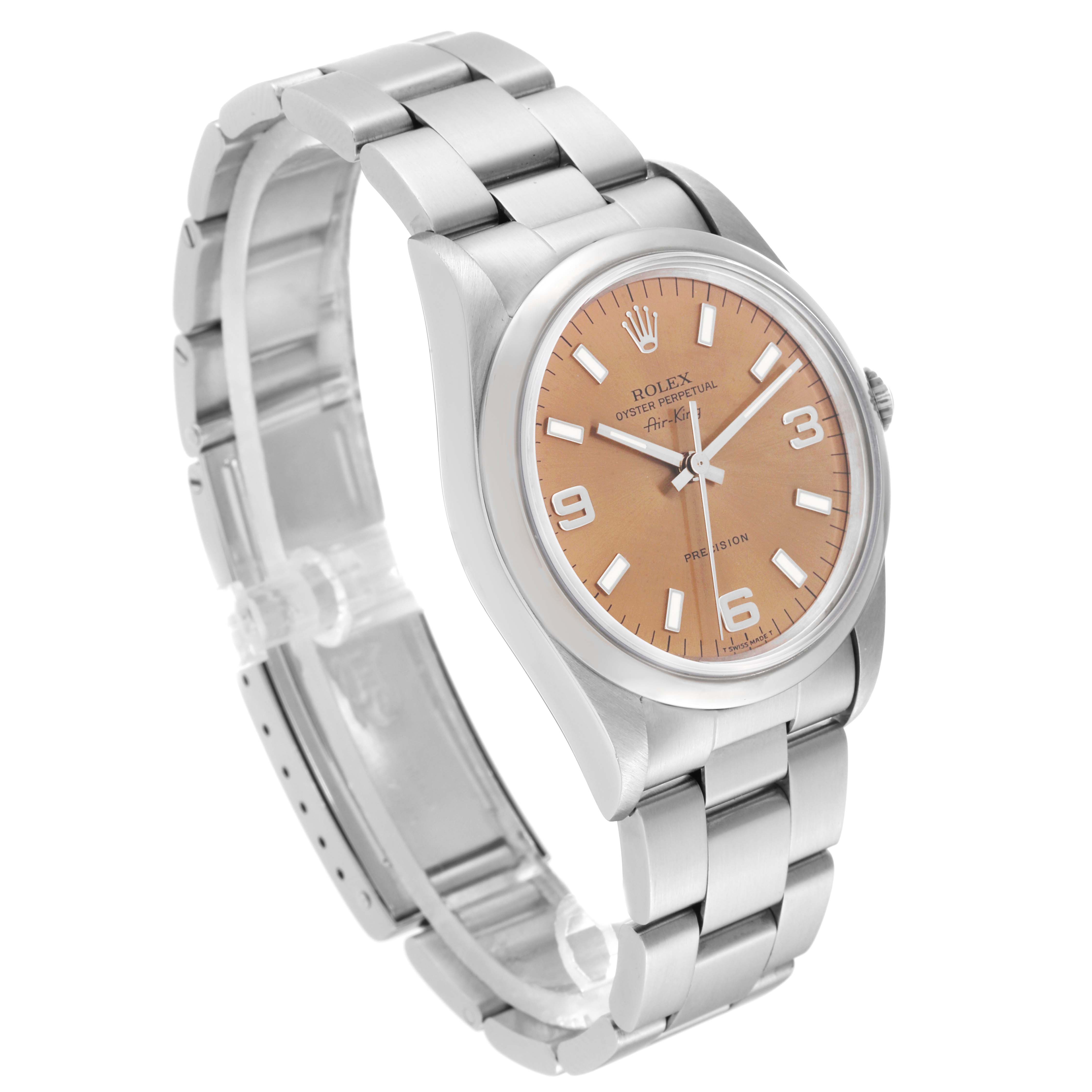 The image shows a Rolex Air-King 14000 Men's Stainless Steel Pink Dial 14000 Men's Stainless Steel Pink Dial watch angled to display the dial, bezel, and bracelet.