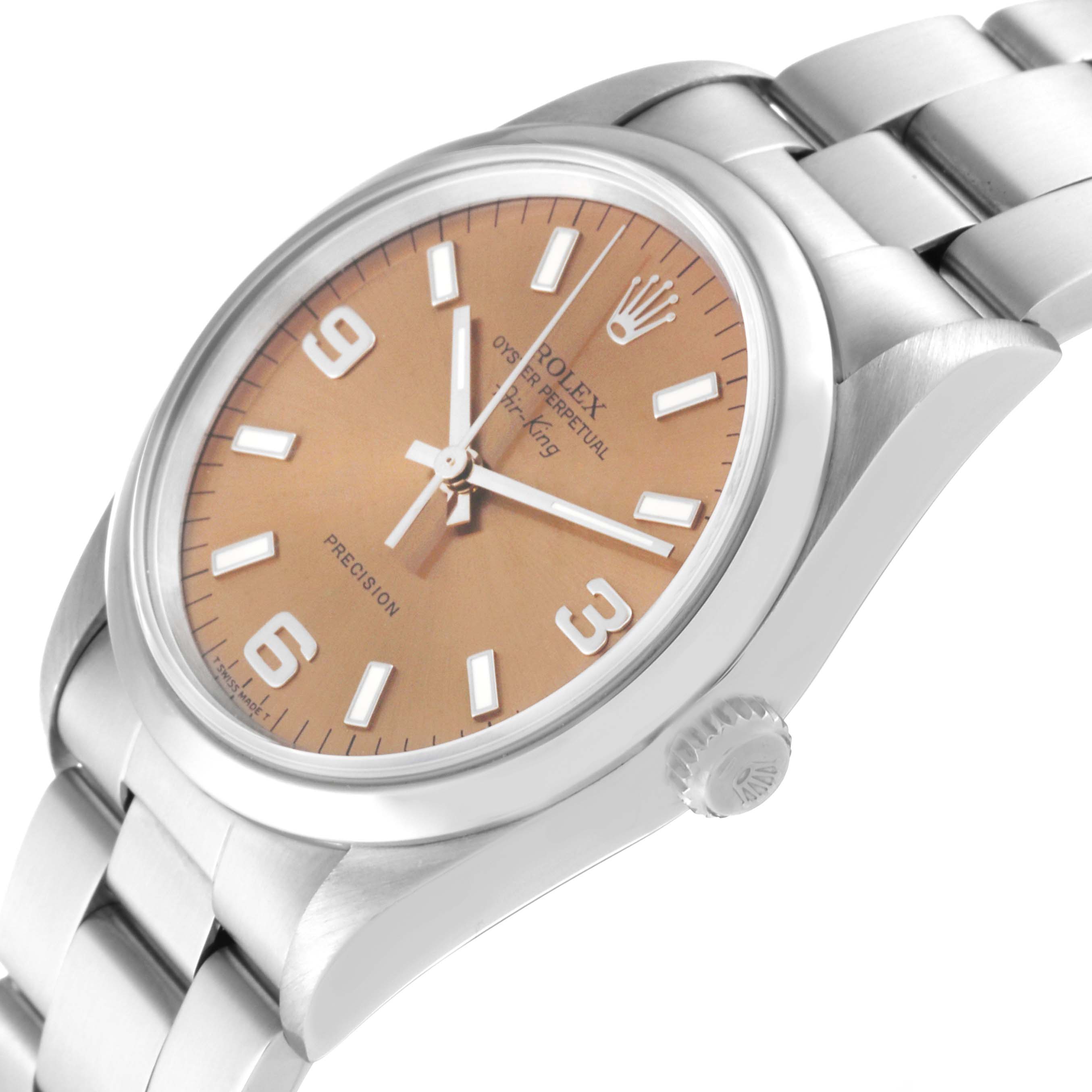 The Rolex Air-King 14000 Men's Stainless Steel Pink Dial 14000 Men's Stainless Steel Pink Dial watch is shown at a slight angle, clearly displaying the face, bezel, and part of the bracelet.