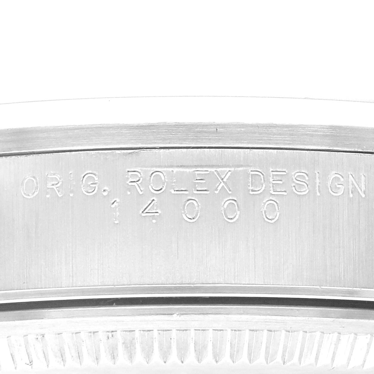 The image shows a close-up of the side of the Rolex Air-King 14000 Men's Stainless Steel Silver Dial 14000 Men's Stainless Steel Silver Dial watch, highlighting the "ORIG. ROLEX DESIGN" engraving and model number 14000.
