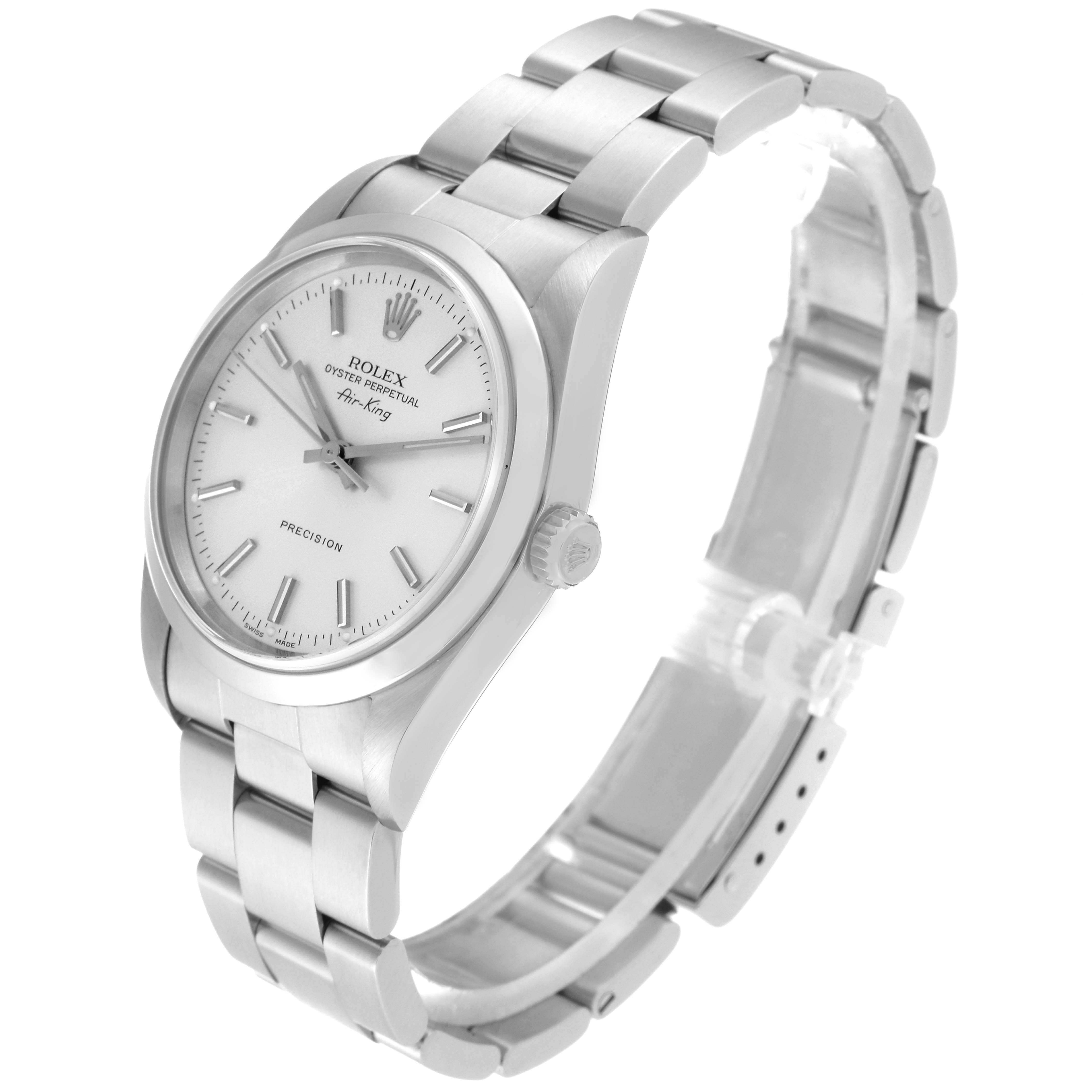 The Rolex Air-King 14000 Men's Stainless Steel Silver Dial 14000 Men's Stainless Steel Silver Dial watch is shown at a slight angle, highlighting the face, crown, and bracelet.