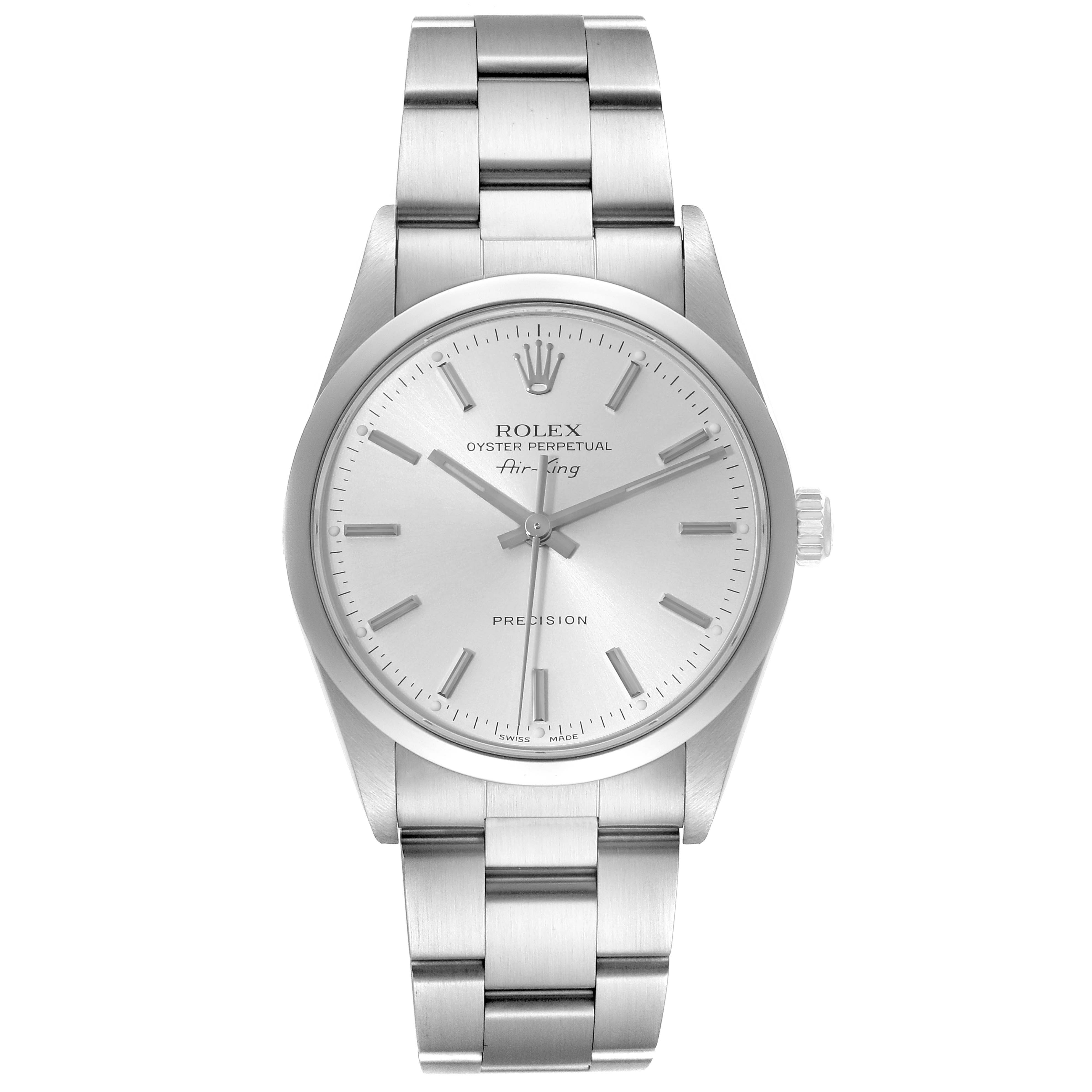 The image shows a front view of a Rolex Air-King 14000 Men's Stainless Steel Silver Dial 14000 Men's Stainless Steel Silver Dial watch, highlighting its face, bracelet, and crown.