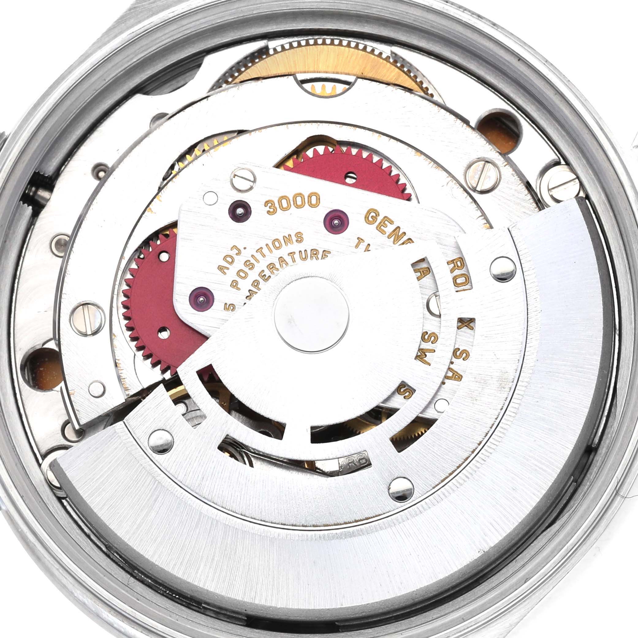 The image shows the internal mechanism of a Rolex Air-King 14000 Men's Stainless Steel Silver Dial 14000 Men's Stainless Steel Silver Dial watch, featuring gears and the rotor from a top-down angle.