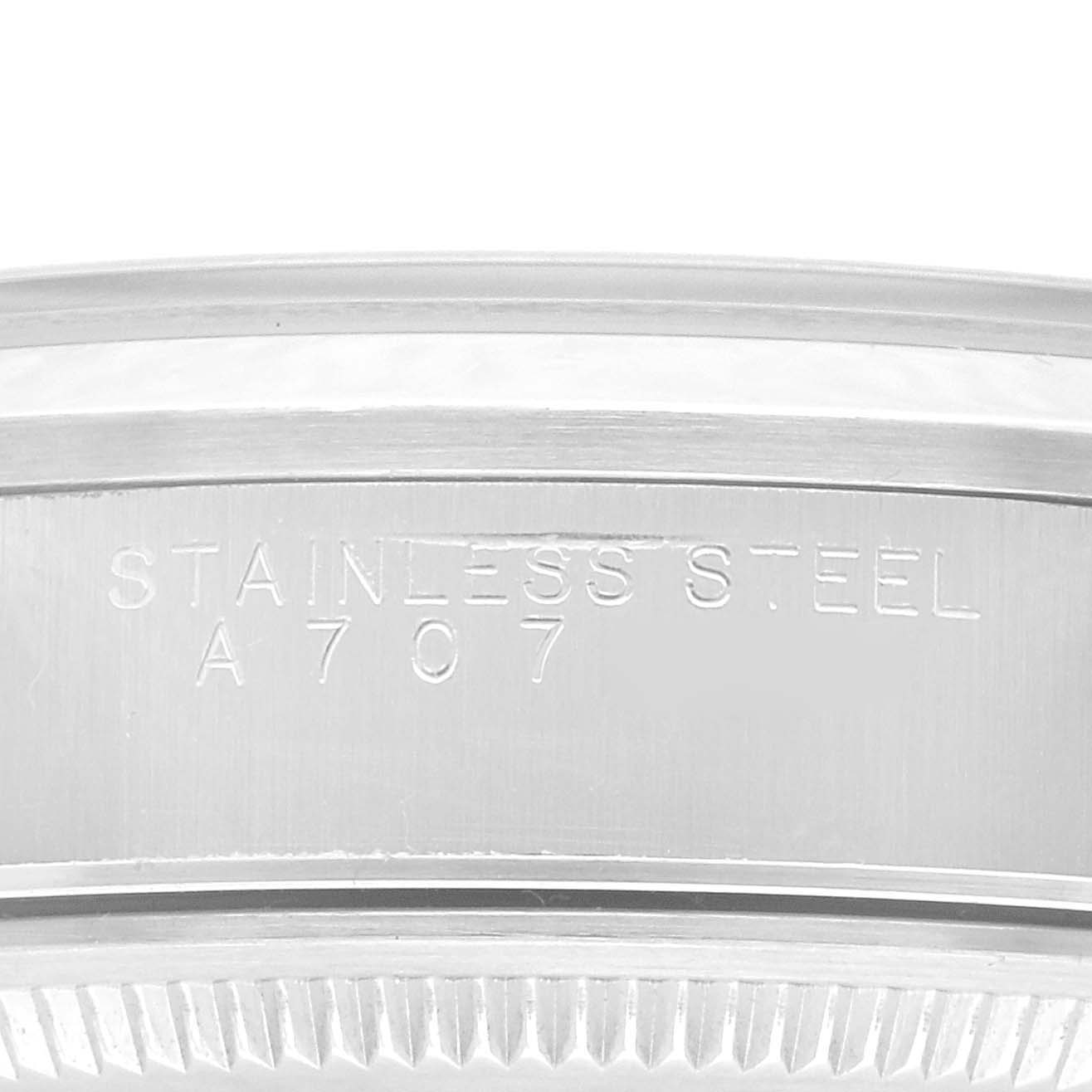 Close-up view of the case back edge engraving on a Rolex Air-King 14000 Men's Stainless Steel Silver Dial 14000 Men's Stainless Steel Silver Dial watch, showing "STAINLESS STEEL A707".