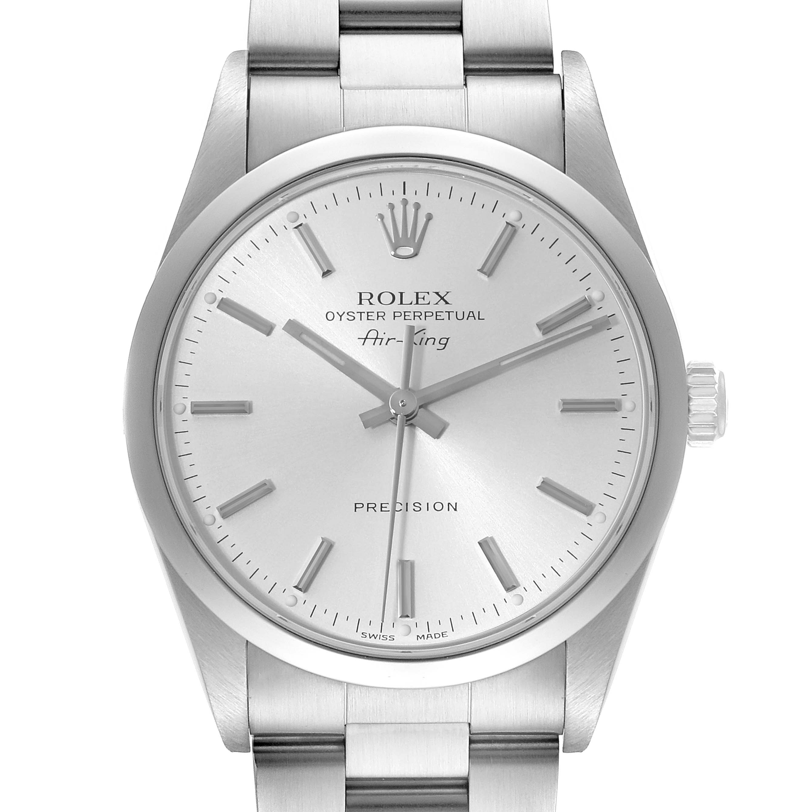 This image shows a front view of the Rolex Air-King 14000 Men's Stainless Steel Silver Dial 14000 Men's Stainless Steel Silver Dial watch, highlighting its dial, hands, hour markers, crown, and part of the bracelet.