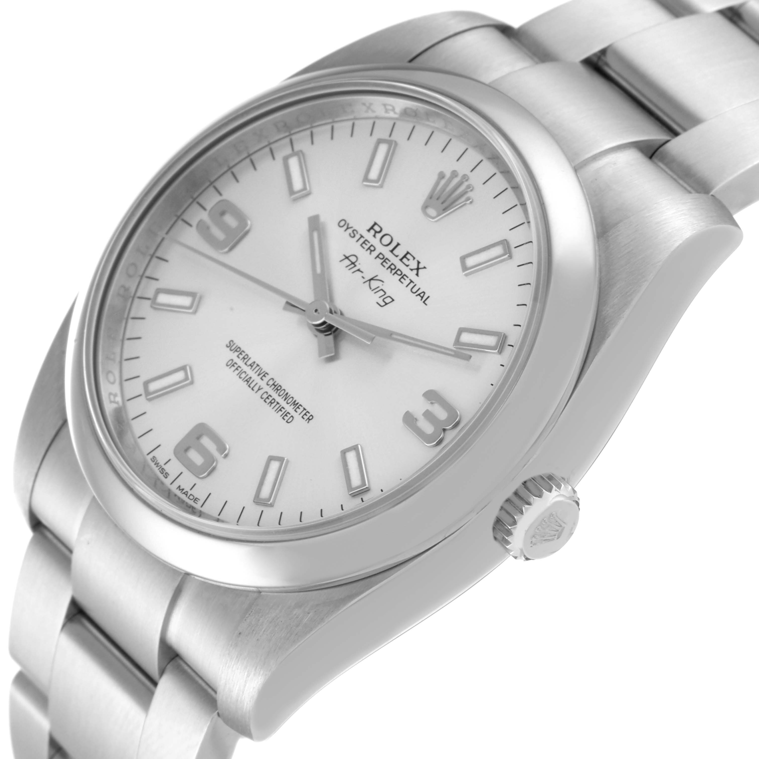 This image shows a Rolex Air-King 114200 Men's Stainless Steel Silver Dial 114200 Men's Stainless Steel Silver Dial watch at an angled view, displaying the dial, bezel, crown, and part of the bracelet.