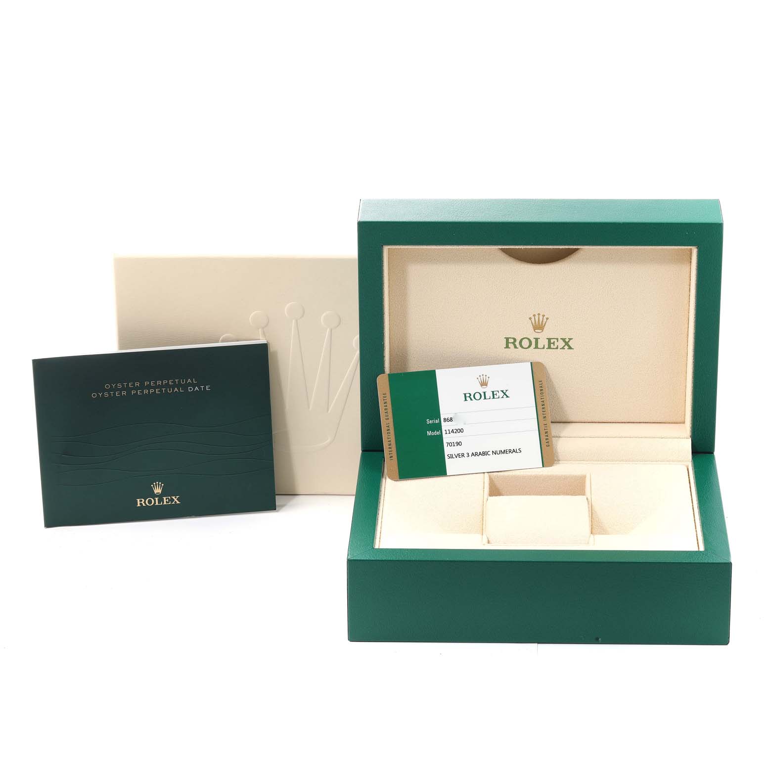 The image shows the packaging, warranty card, and booklet for a Rolex Air-King 114200 Men's Stainless Steel Silver Dial 114200 Men's Stainless Steel Silver Dial watch.