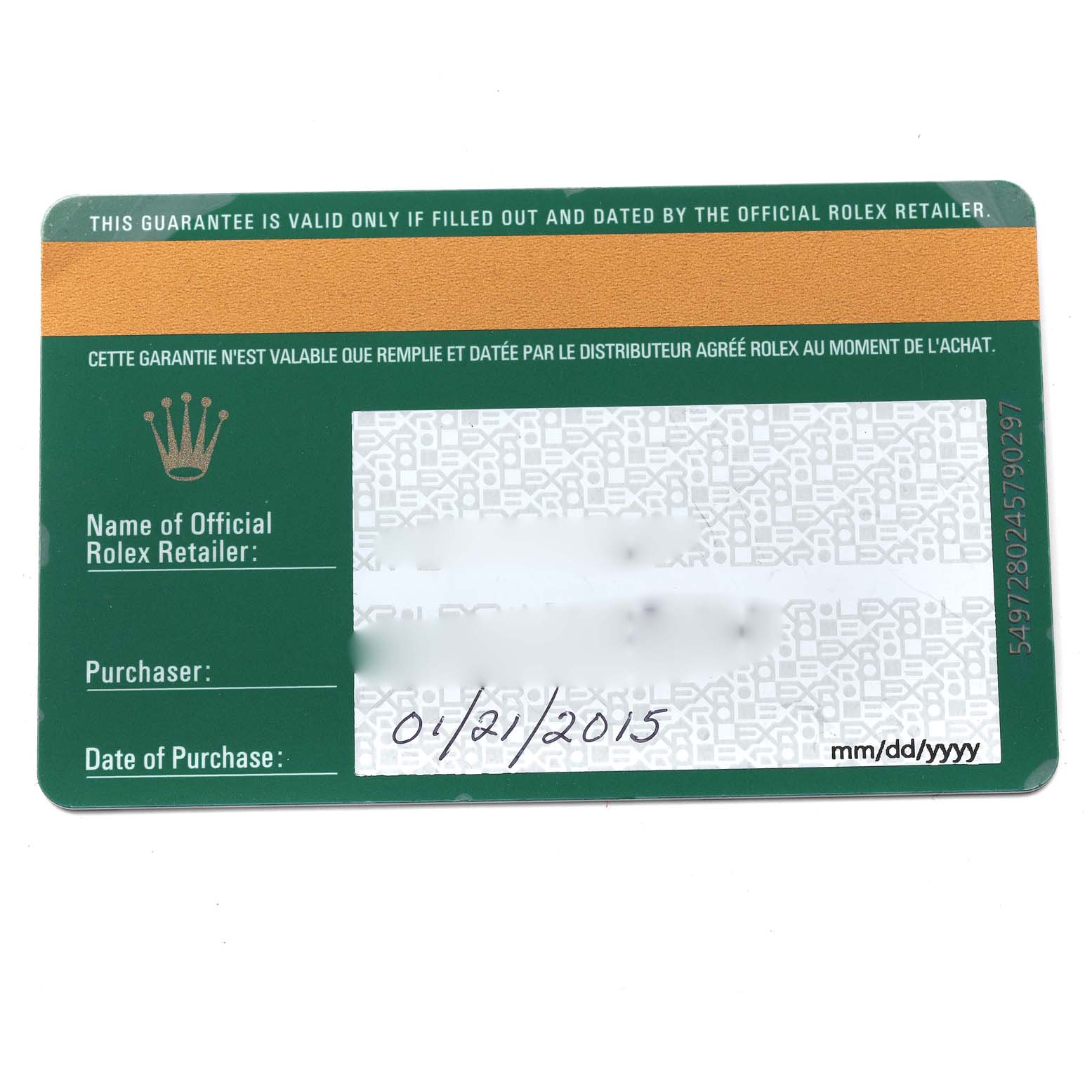 The image shows the guarantee card for a Rolex Air-King 114200 Men's Stainless Steel Silver Dial 114200 Men's Stainless Steel Silver Dial watch with purchase details filled in.