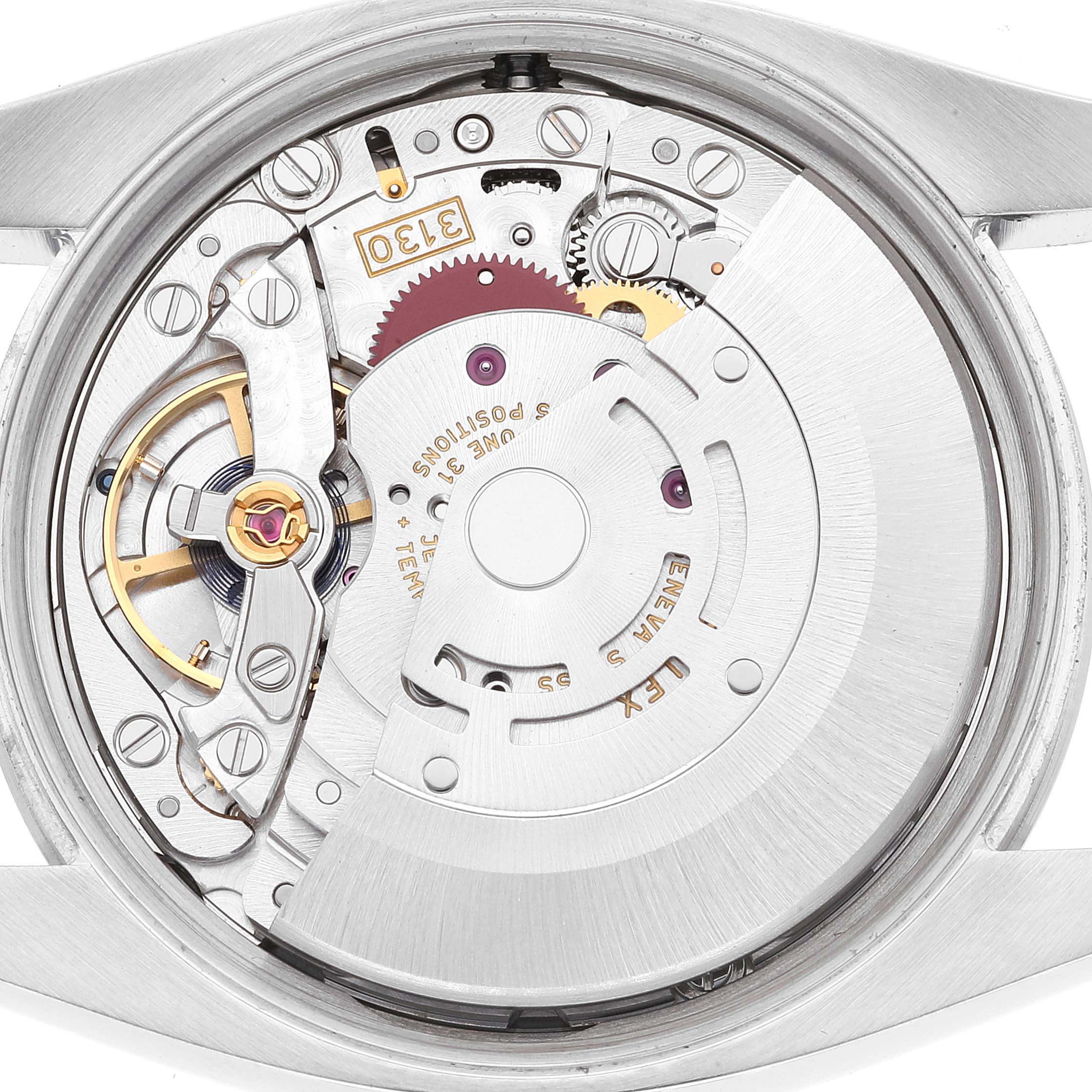 This image shows the internal mechanism of a Rolex Air-King 114200 Men's Stainless Steel Silver Dial 114200 Men's Stainless Steel Silver Dial watch, viewed from the back case.