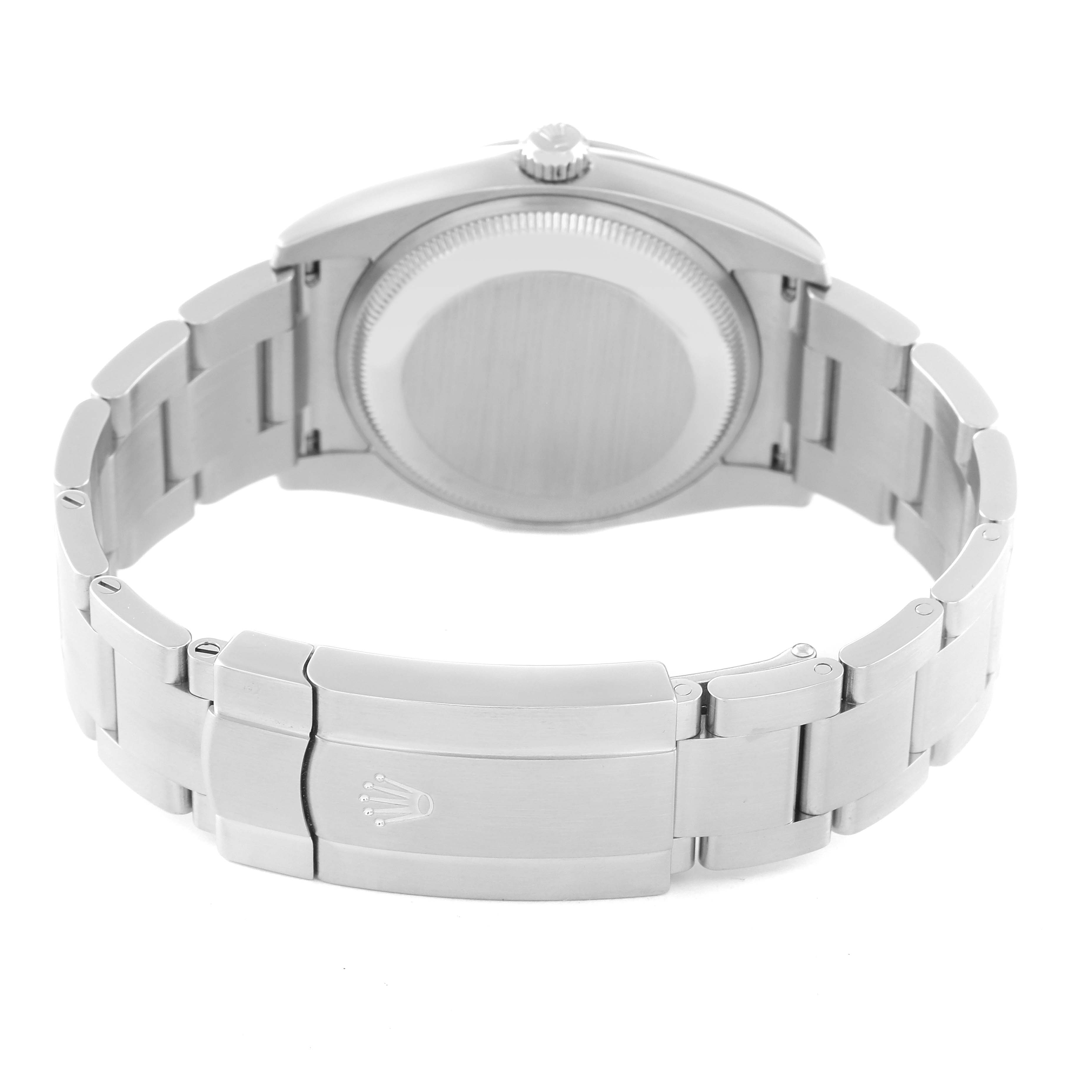 The image shows the back view and clasp of the Rolex Air-King 114200 Men's Stainless Steel Silver Dial 114200 Men's Stainless Steel Silver Dial watch, highlighting the bracelet and the case back.