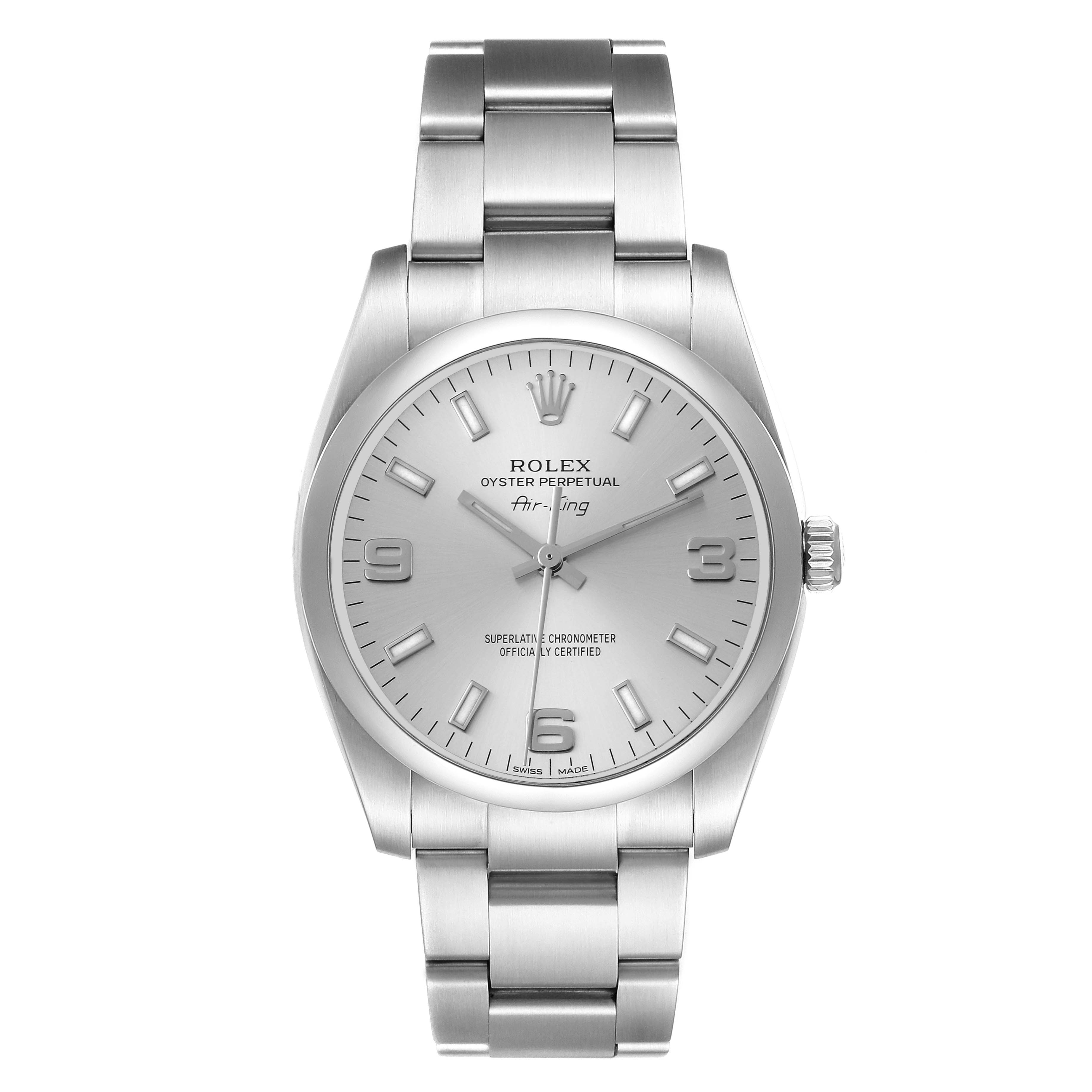 The image shows a front view of a Rolex Air-King 114200 Men's Stainless Steel Silver Dial 114200 Men's Stainless Steel Silver Dial, displaying the dial, hands, crown, and metal bracelet.