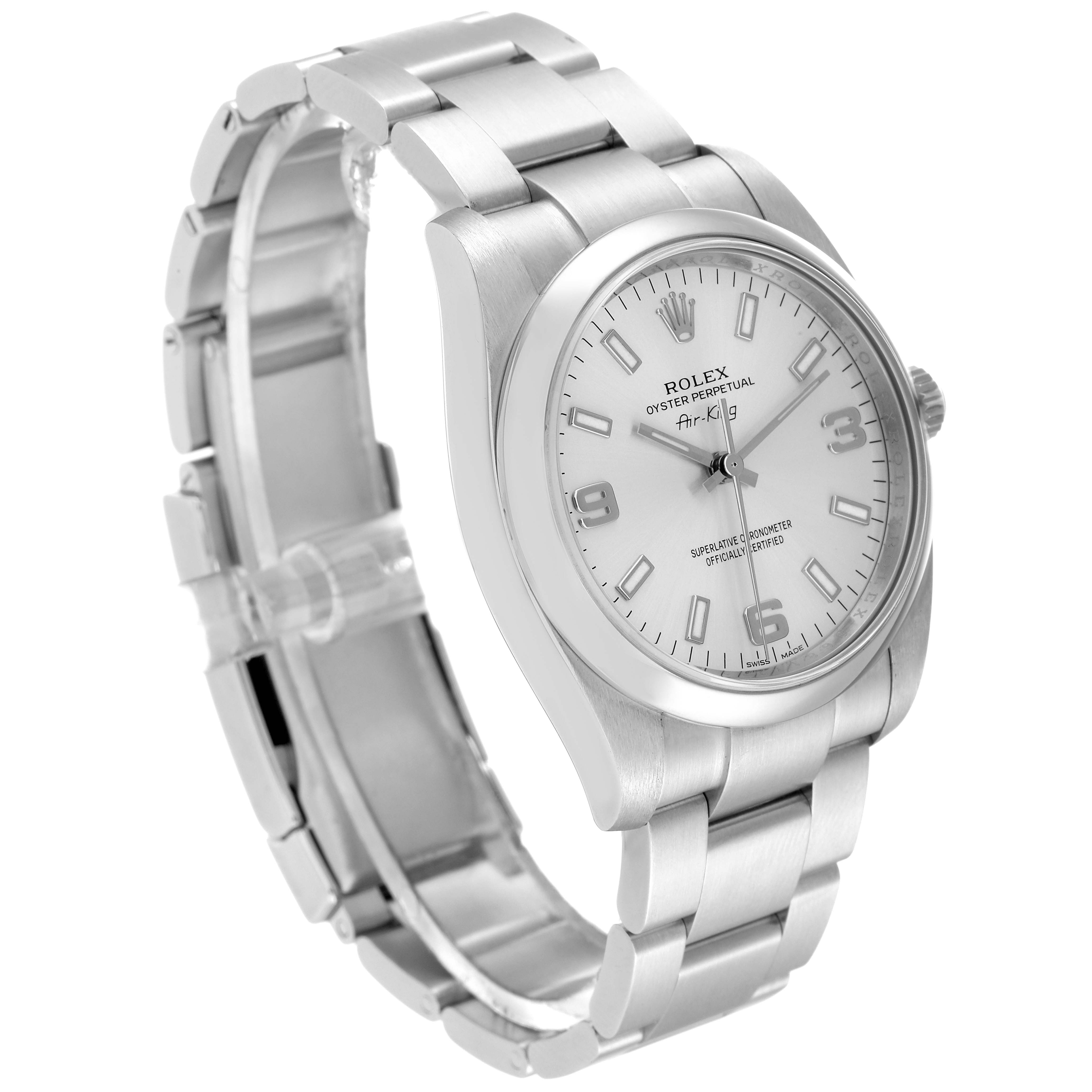This image shows a side angled view of a Rolex Air-King 114200 Men's Stainless Steel Silver Dial 114200 Men's Stainless Steel Silver Dial watch, highlighting its stainless steel band and dial.