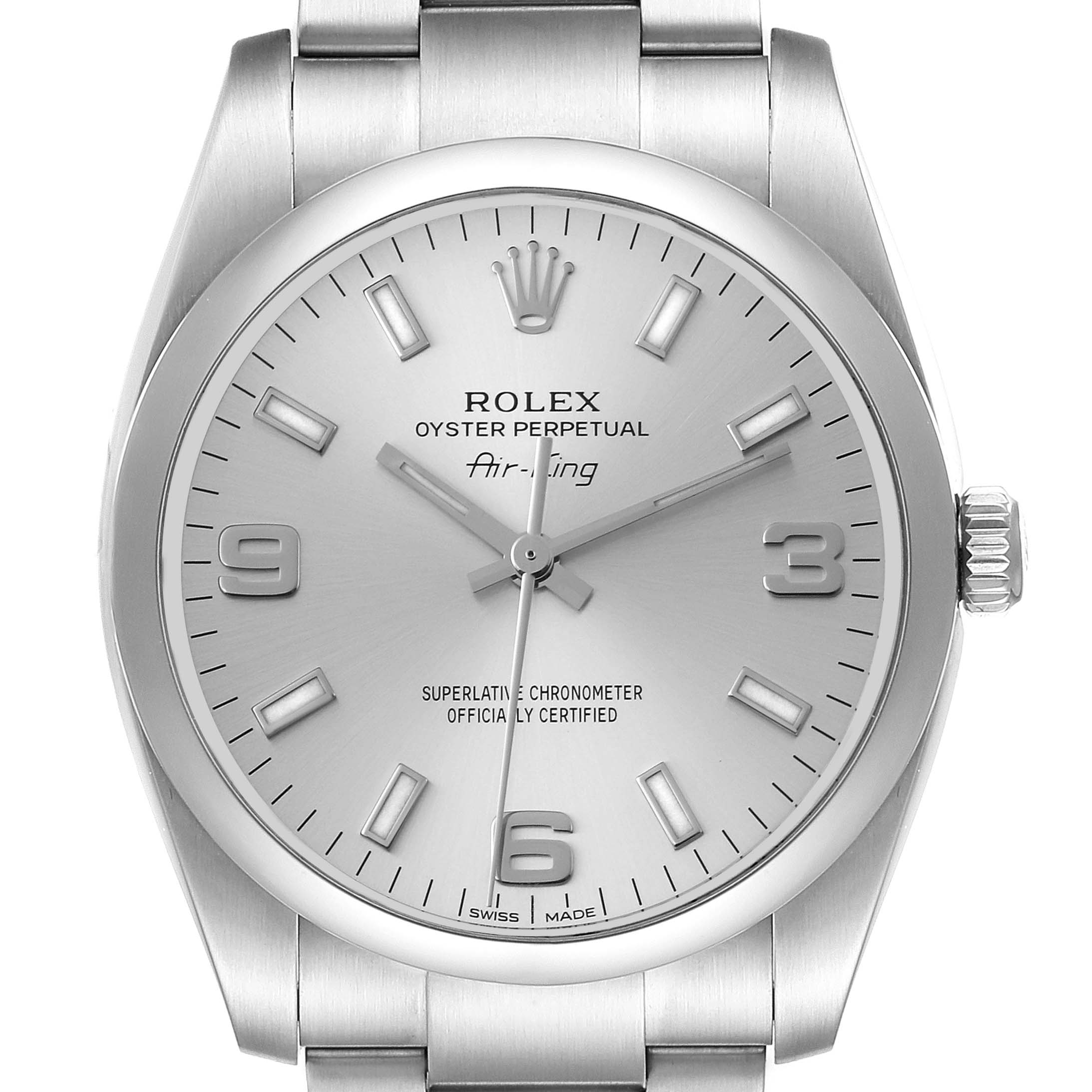 This image shows a front angle of the Rolex Air-King 114200 Men's Stainless Steel Silver Dial 114200 Men's Stainless Steel Silver Dial watch, including its face, bezel, and bracelet.