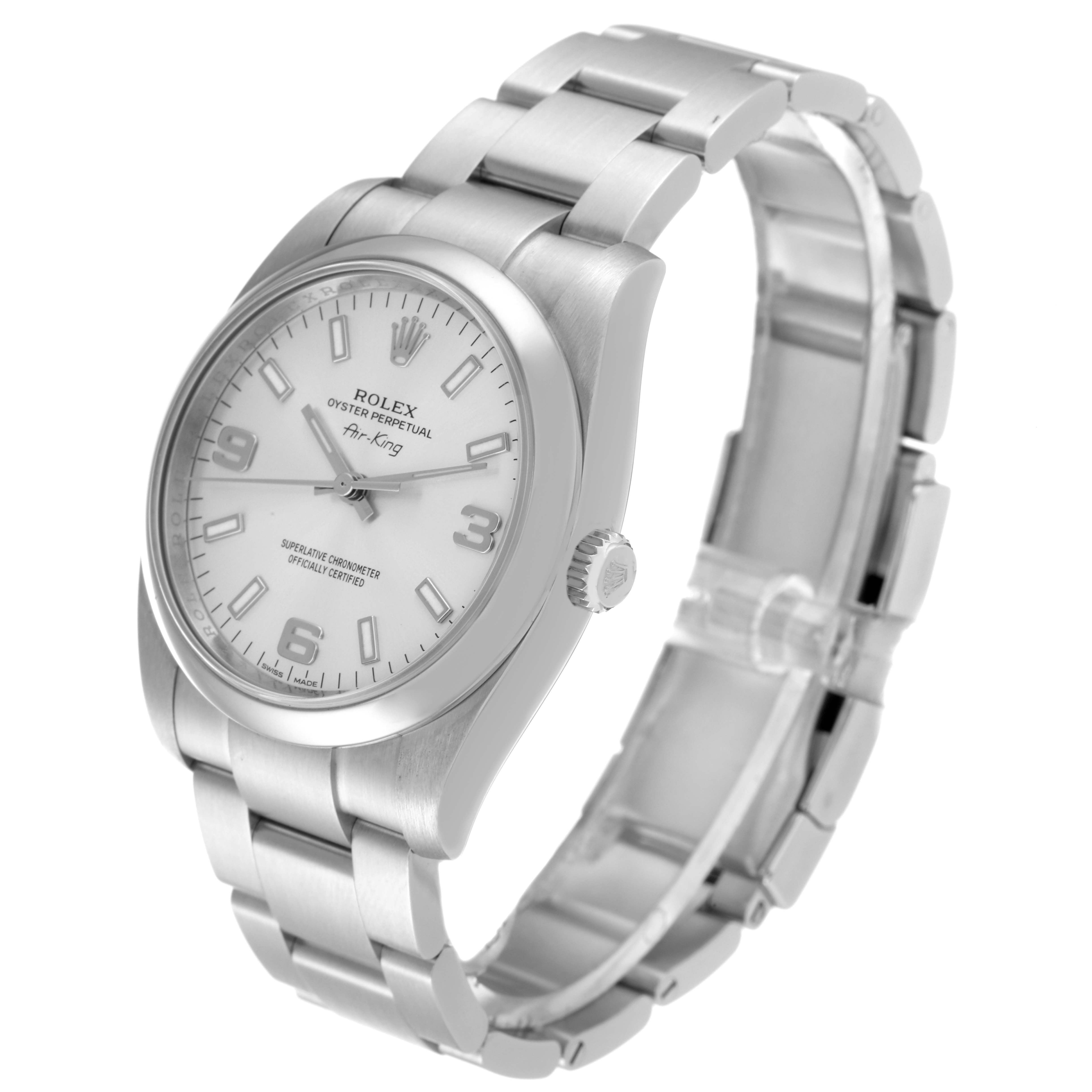 The Rolex Air-King 114200 Men's Stainless Steel Silver Dial 114200 Men's Stainless Steel Silver Dial watch is shown at a three-quarter view angle, highlighting its dial, bezel, crown, and stainless steel bracelet.