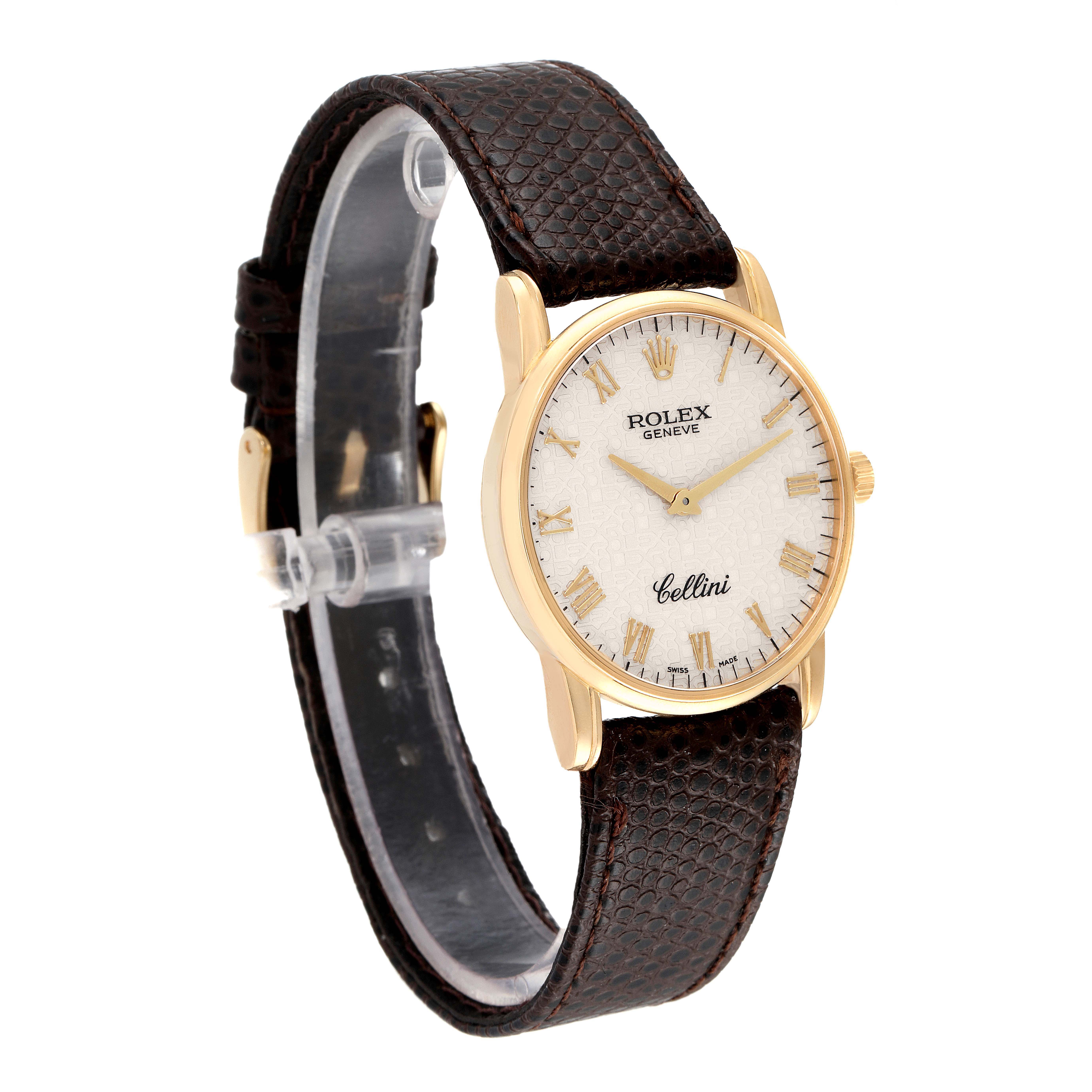 This image shows the full face, dial, and strap of a Rolex Cellini 5116 Men's Yellow Gold Beige Dial 5116 Men's Yellow Gold Beige Dial watch from a slightly angled front view.