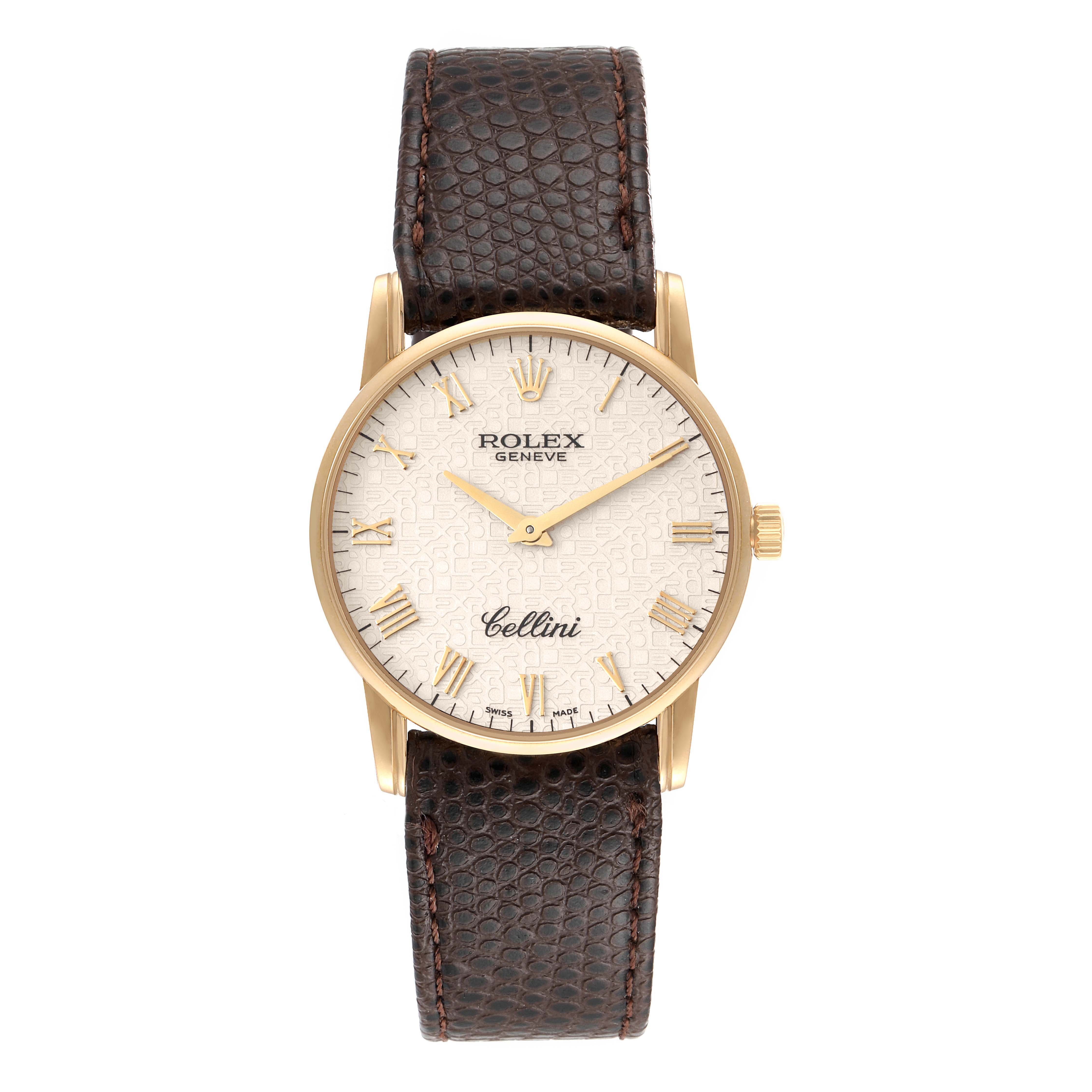 The image showcases a front view of a Rolex Cellini 5116 Men's Yellow Gold Beige Dial 5116 Men's Yellow Gold Beige Dial watch, highlighting its dial, hands, case, and leather strap.