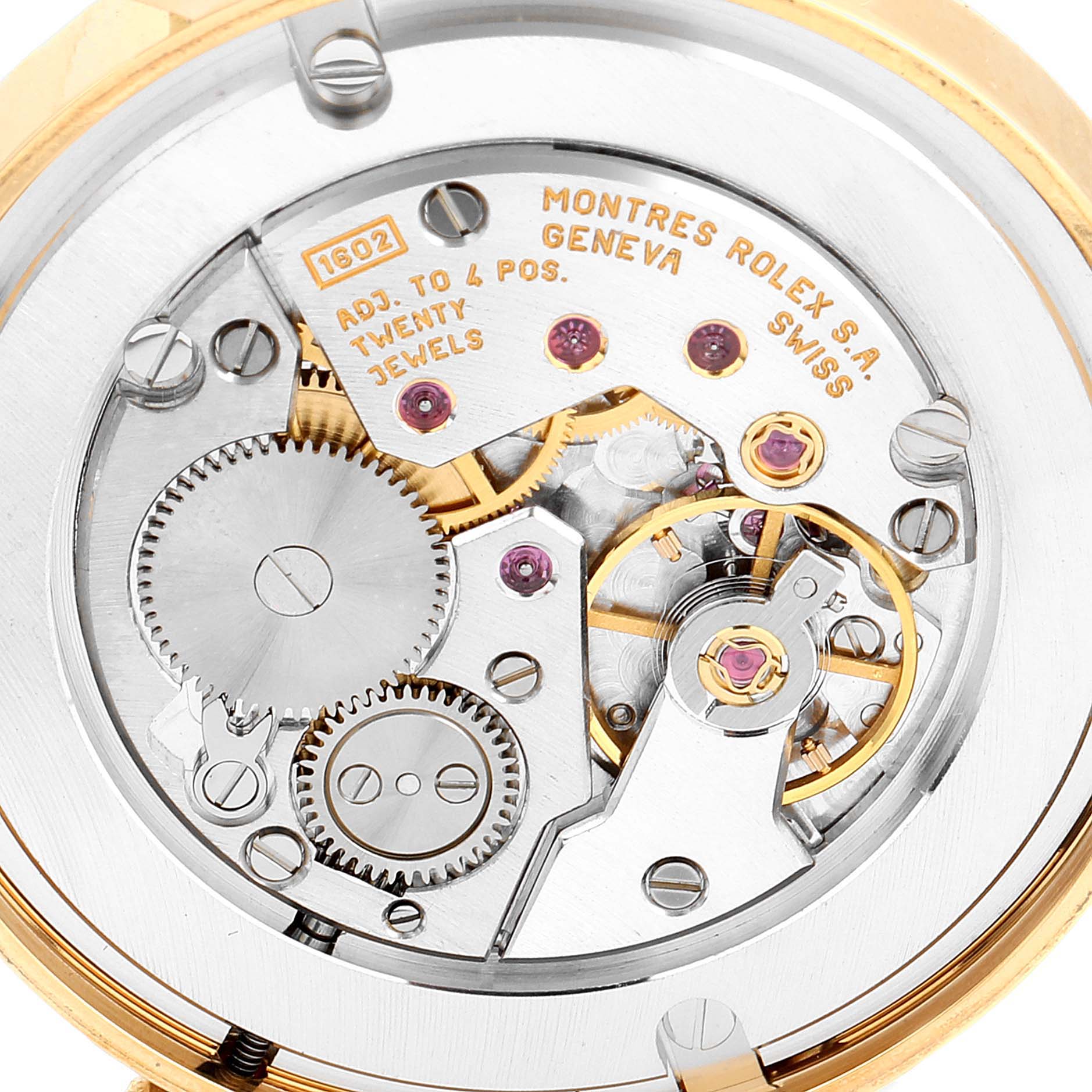 This image shows a close-up of the movement mechanism of a Rolex Cellini 5116 Men's Yellow Gold Beige Dial 5116 Men's Yellow Gold Beige Dial watch.