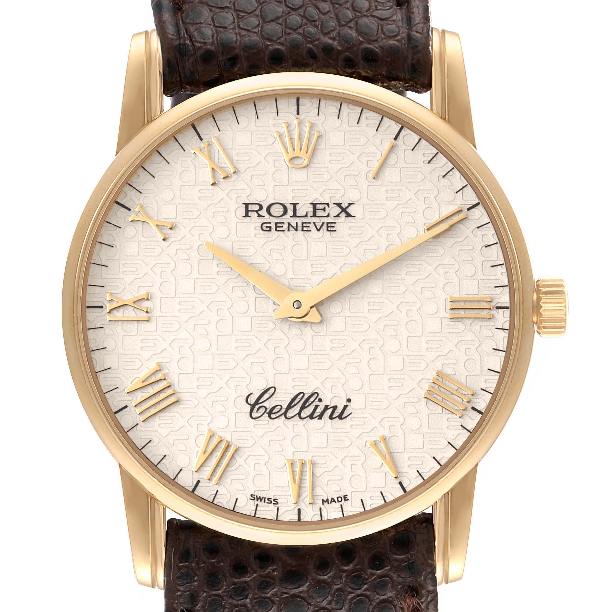 The image shows a front view of a Rolex Cellini 5116 Men's Yellow Gold Beige Dial 5116 Men's Yellow Gold Beige Dial watch, displaying the dial and part of the leather strap.
