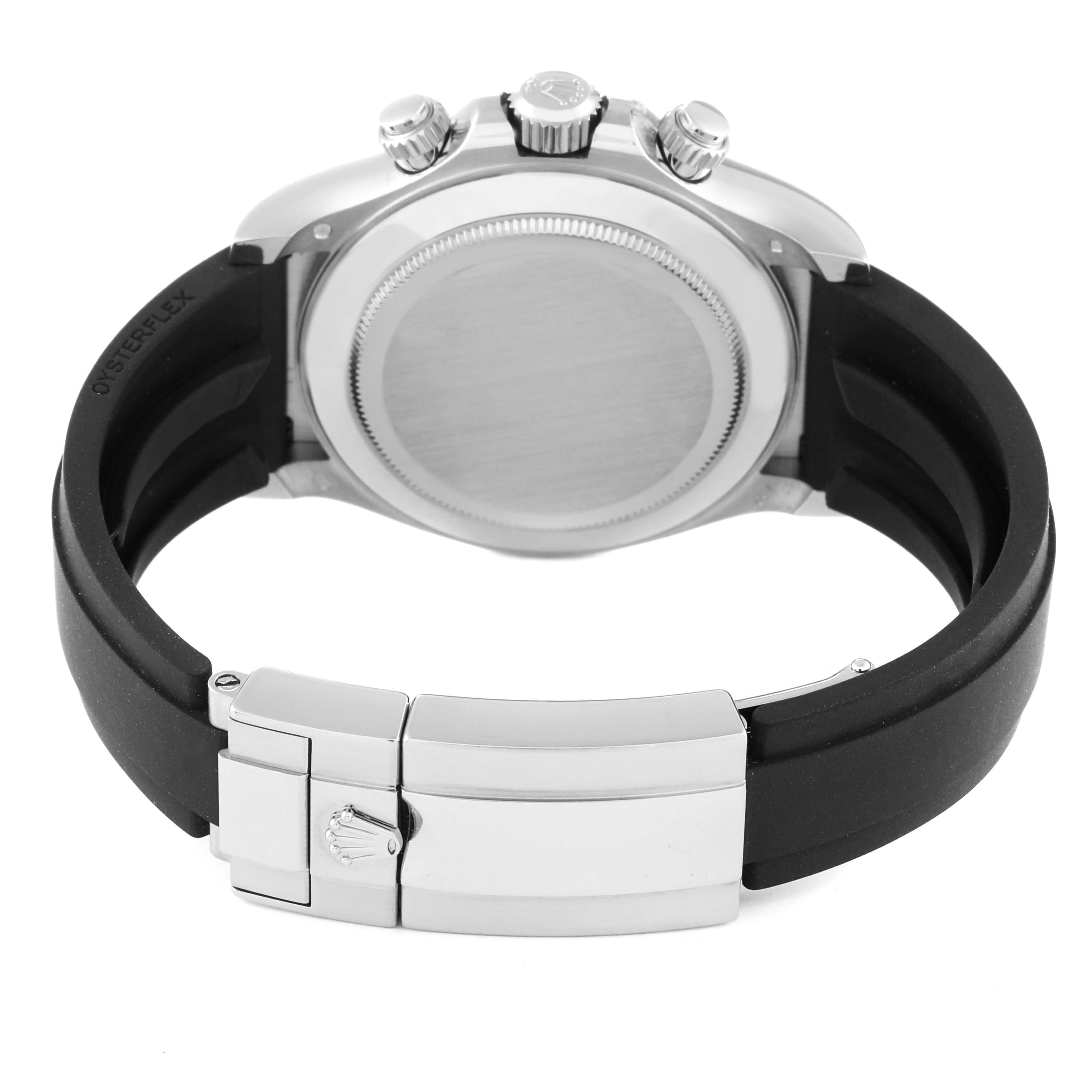 This image shows the back case, crown, pushers, and rubber strap with clasp of a Rolex Daytona 116519 Men's White Gold Grey Dial 116519 Men's White Gold Grey Dial watch.