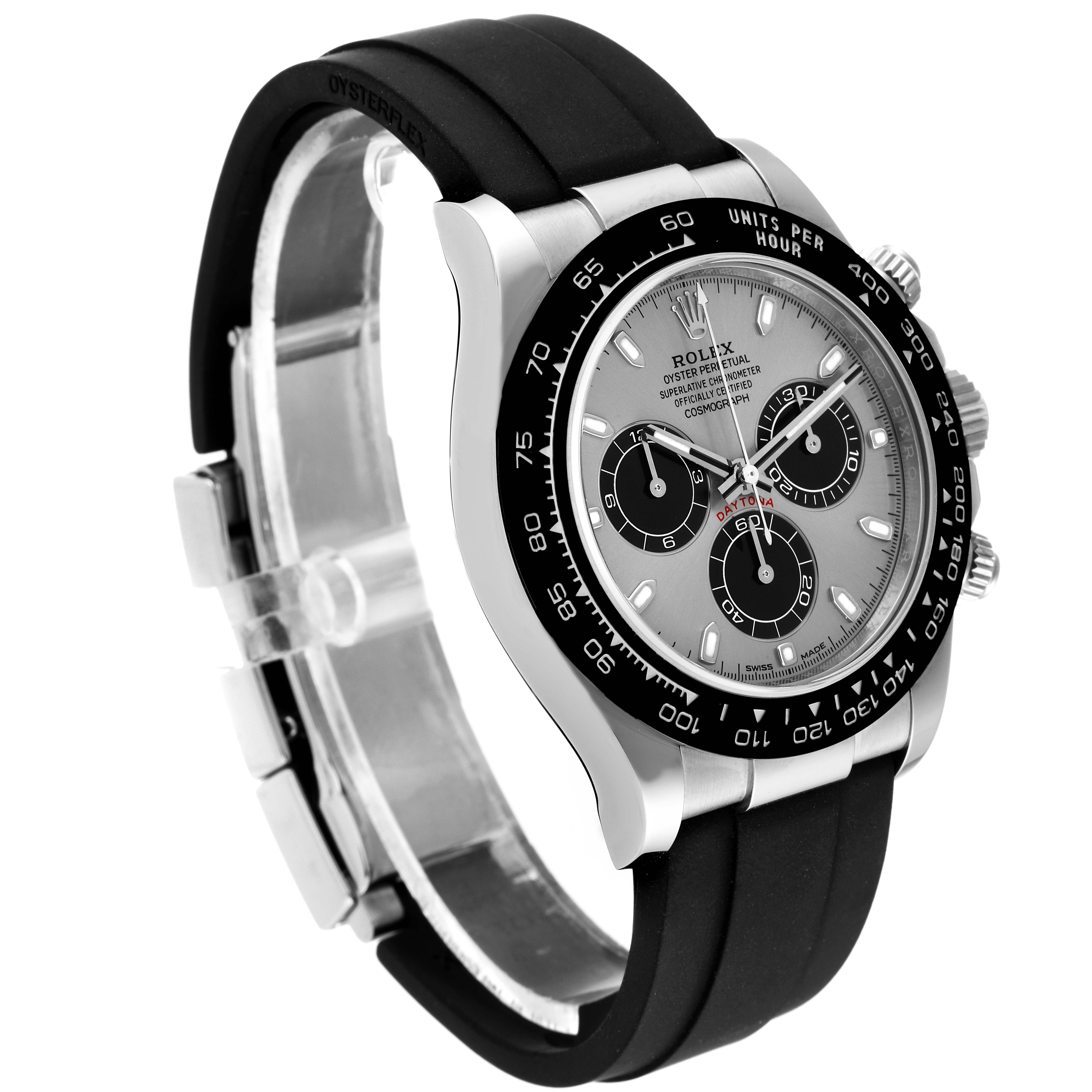 This image shows a side and front view of a Rolex Daytona 116519 Men's White Gold Grey Dial 116519 Men's White Gold Grey Dial watch, displaying its face, bezel, and black strap.