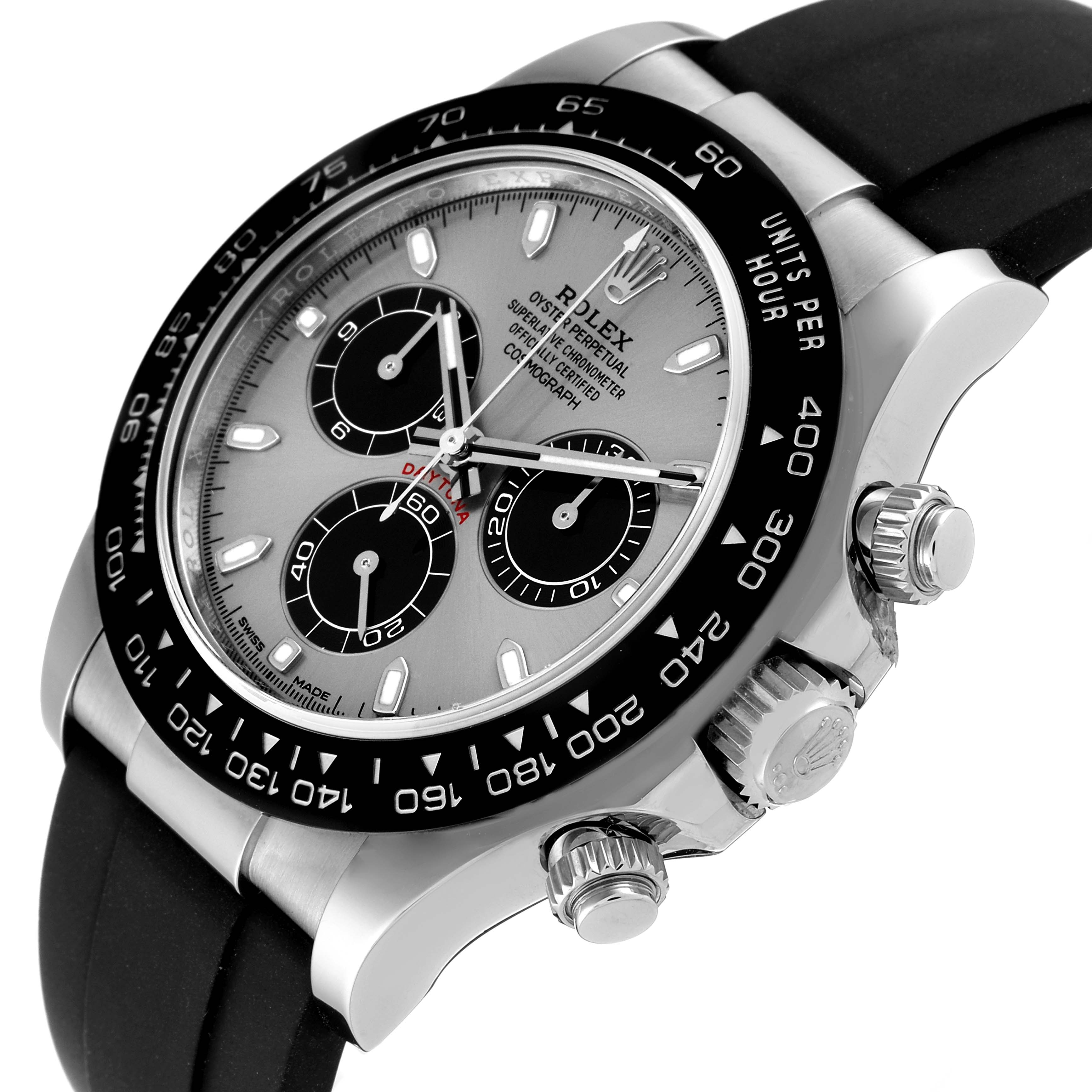 This image shows a close-up angle of the face, bezel, crown, and pushers of a Rolex Daytona 116519 Men's White Gold Grey Dial 116519 Men's White Gold Grey Dial watch.