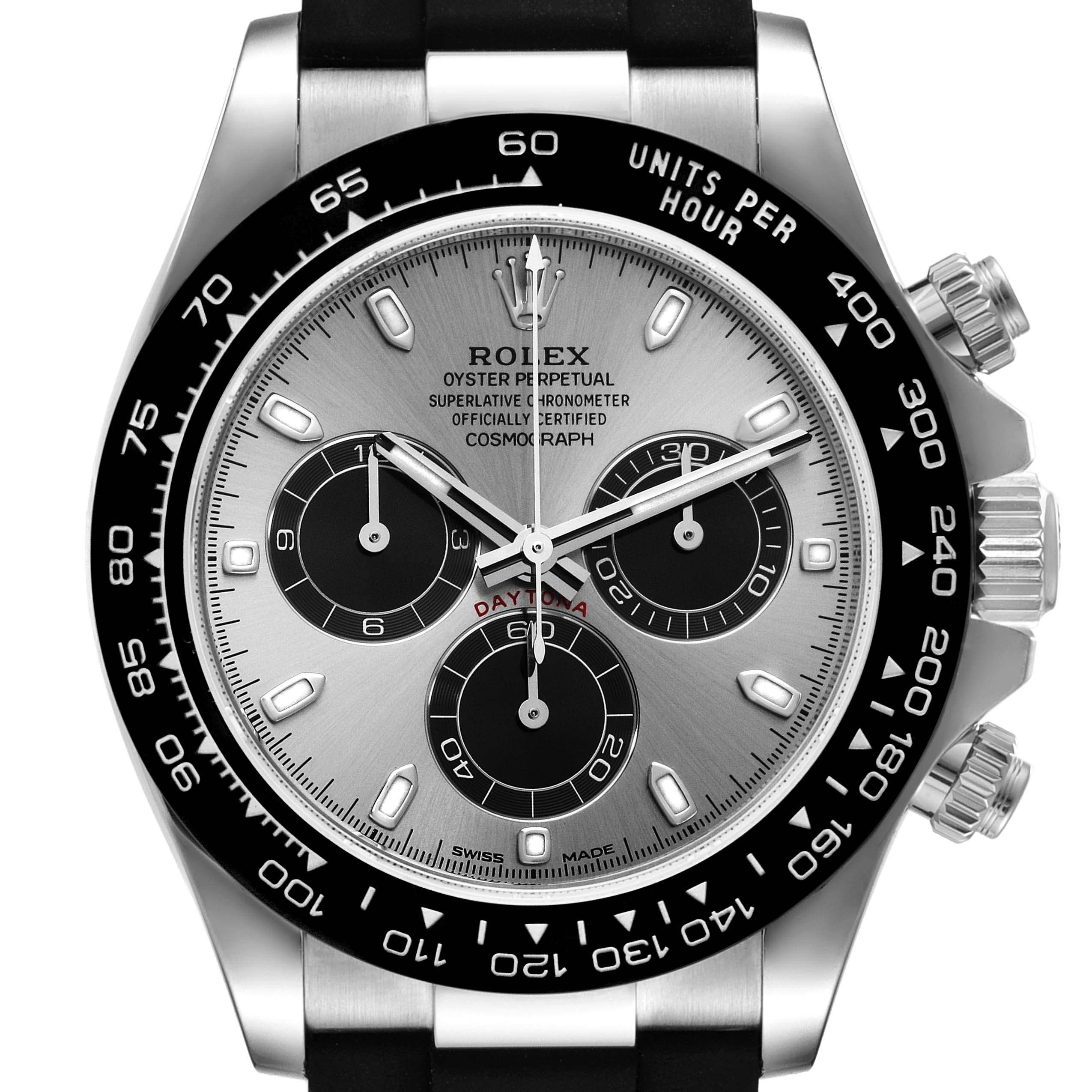 This is a frontal view of the Rolex Daytona 116519 Men's White Gold Grey Dial 116519 Men's White Gold Grey Dial watch showcasing its dial, bezel, and strap.