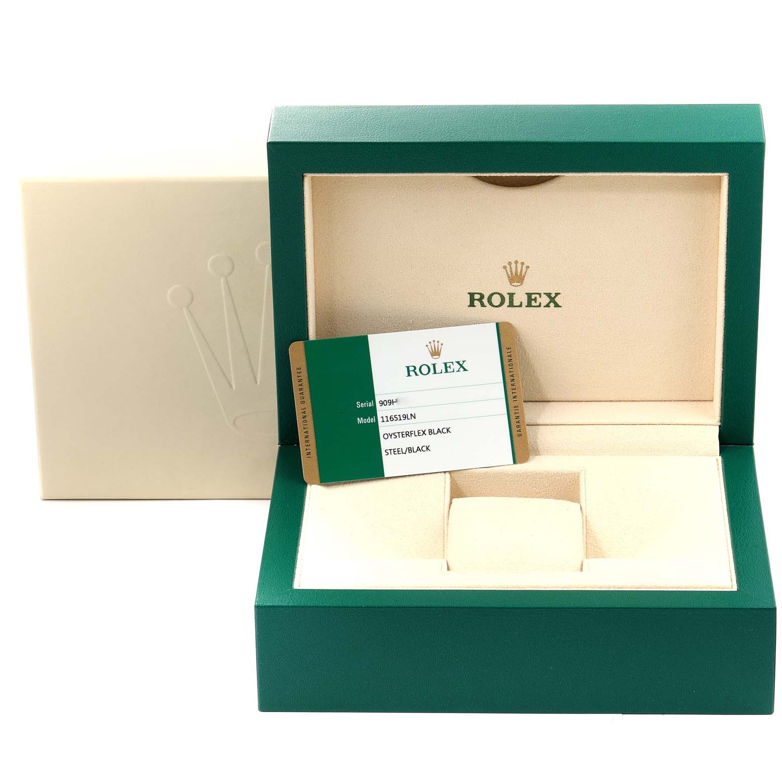 This image shows an open Rolex Daytona 116519 Men's White Gold Grey Dial 116519 Men's White Gold Grey Dial box with a model card displayed inside; the watch itself is not visible.