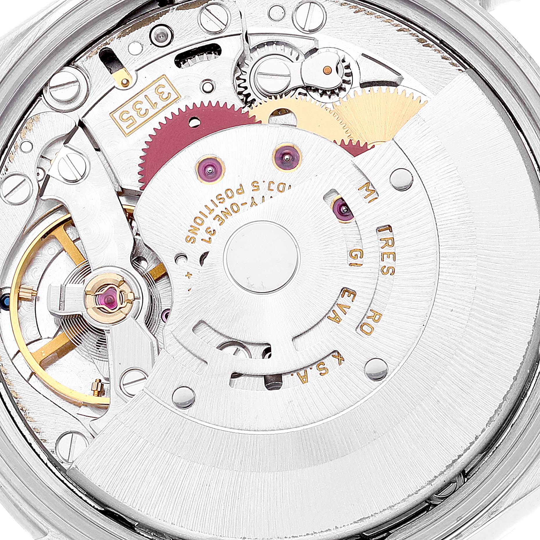 This image shows the internal mechanical movement of a Rolex Date 15210 Men's Stainless Steel Black Dial 15210 Men's Stainless Steel Black Dial model watch at a close-up angle.