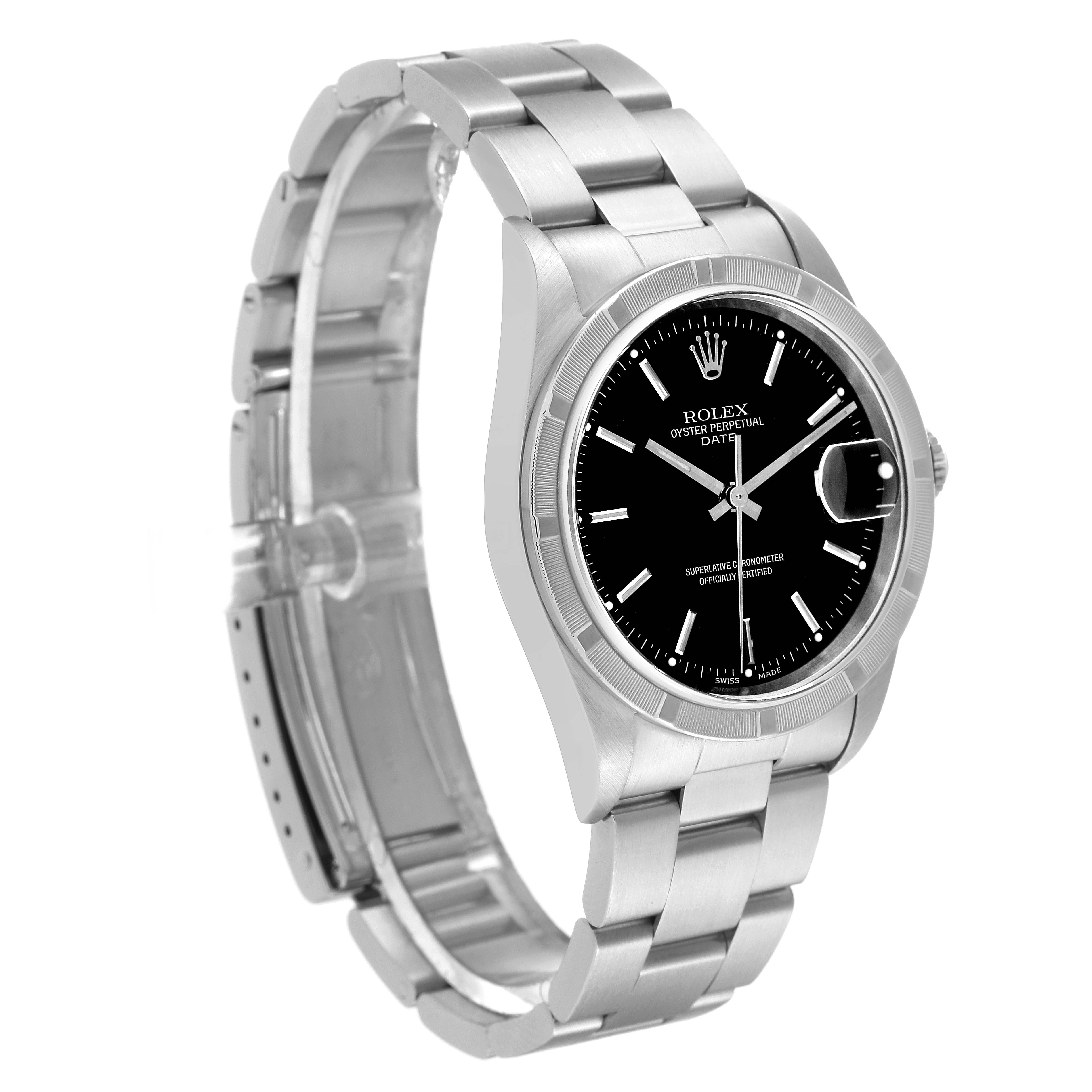 This image shows a Rolex Date 15210 Men's Stainless Steel Black Dial 15210 Men's Stainless Steel Black Dial model watch at a three-quarter angle, highlighting its black dial, stainless steel case, and bracelet.