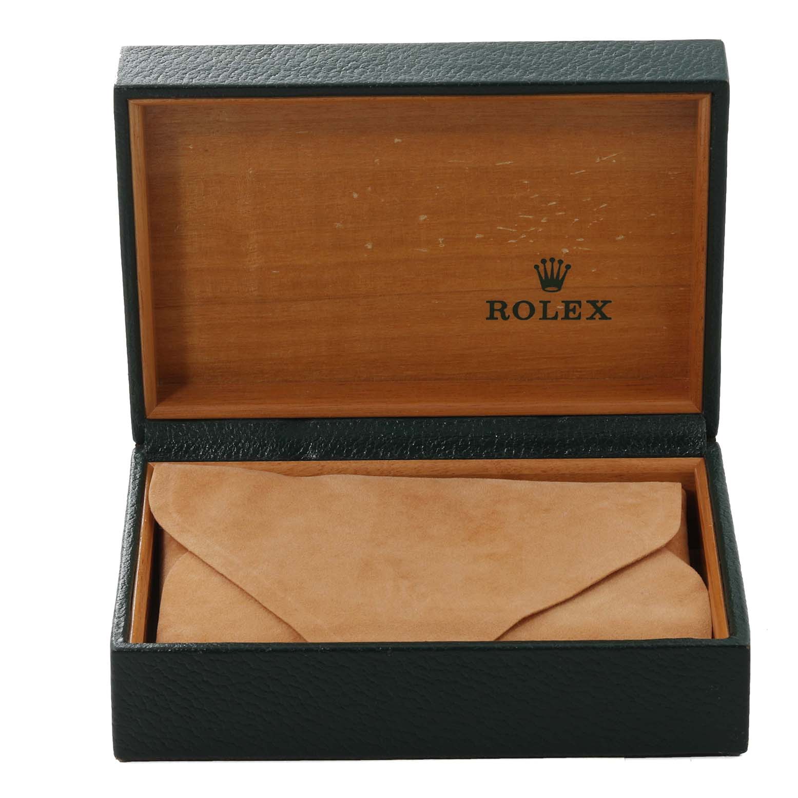 The image shows an open Rolex watch box for the Date model, displaying its interior and a protective cover.