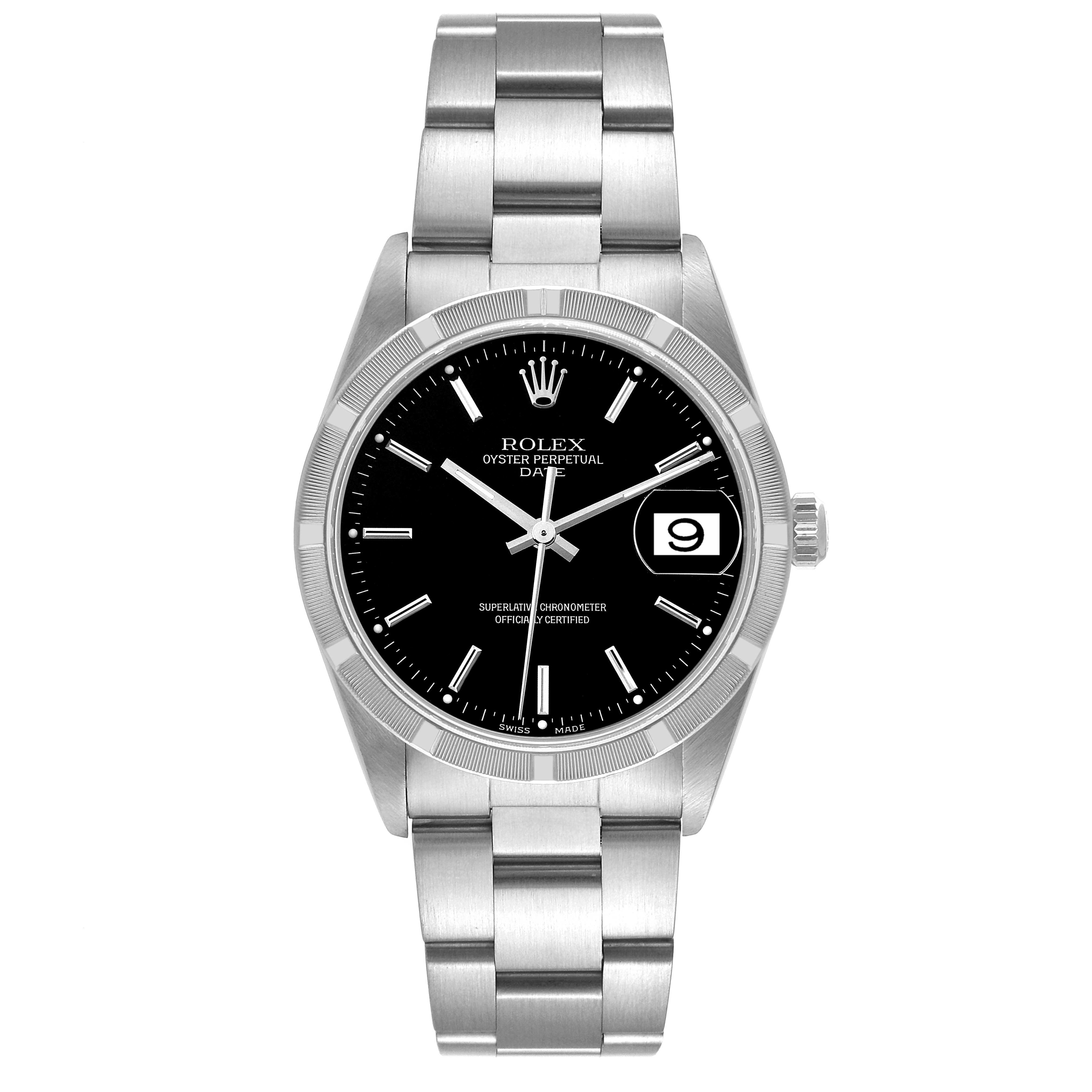 The image shows a Rolex Date 15210 Men's Stainless Steel Black Dial 15210 Men's Stainless Steel Black Dial model watch from a frontal angle, displaying its black dial, date window, and stainless steel bracelet.