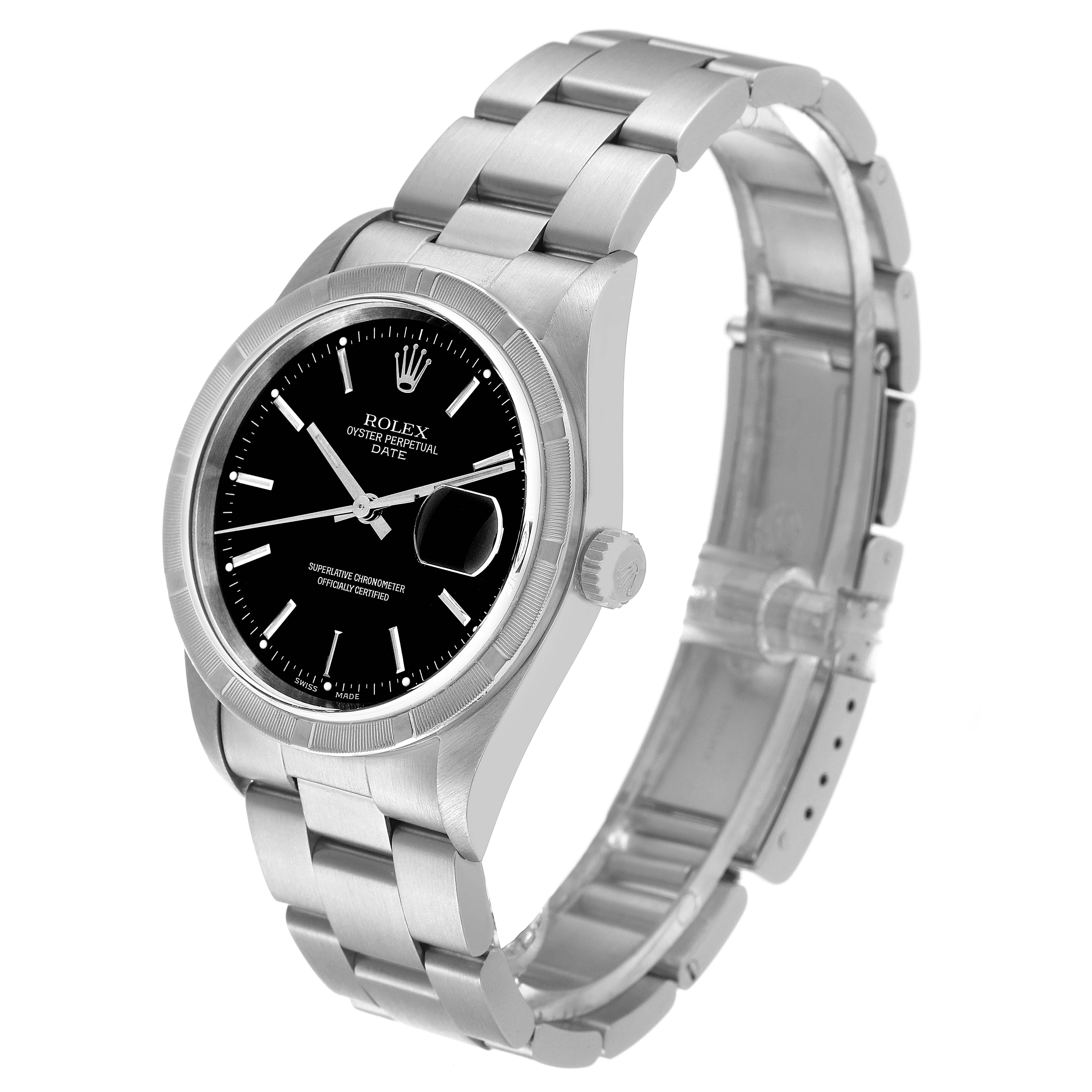 The image shows a Rolex Date 15210 Men's Stainless Steel Black Dial 15210 Men's Stainless Steel Black Dial model watch at a three-quarter angle, highlighting the face, bracelet, and clasp.