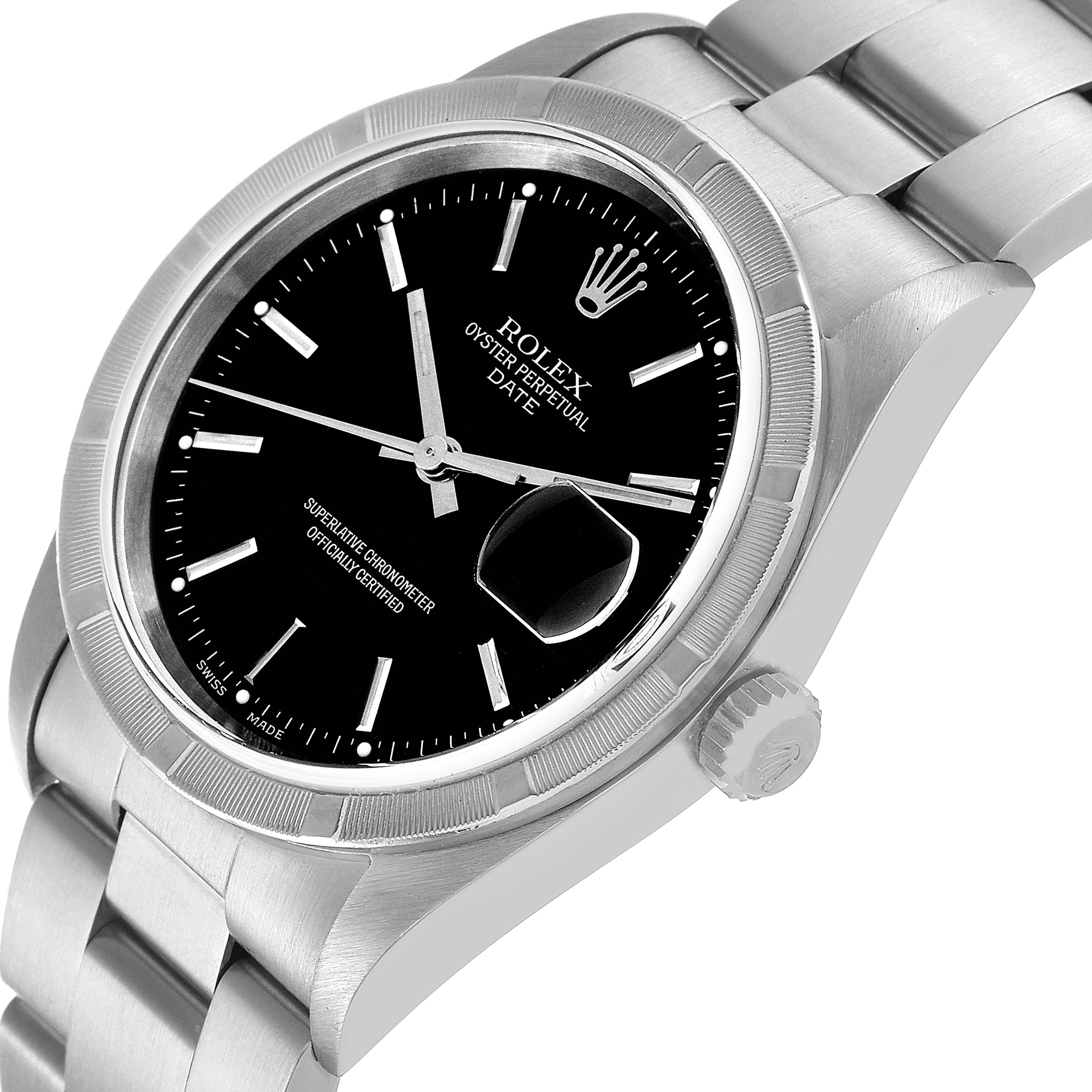The Rolex Date 15210 Men's Stainless Steel Black Dial 15210 Men's Stainless Steel Black Dial model watch is shown at an angle highlighting its dial, bezel, crown, and part of its bracelet.