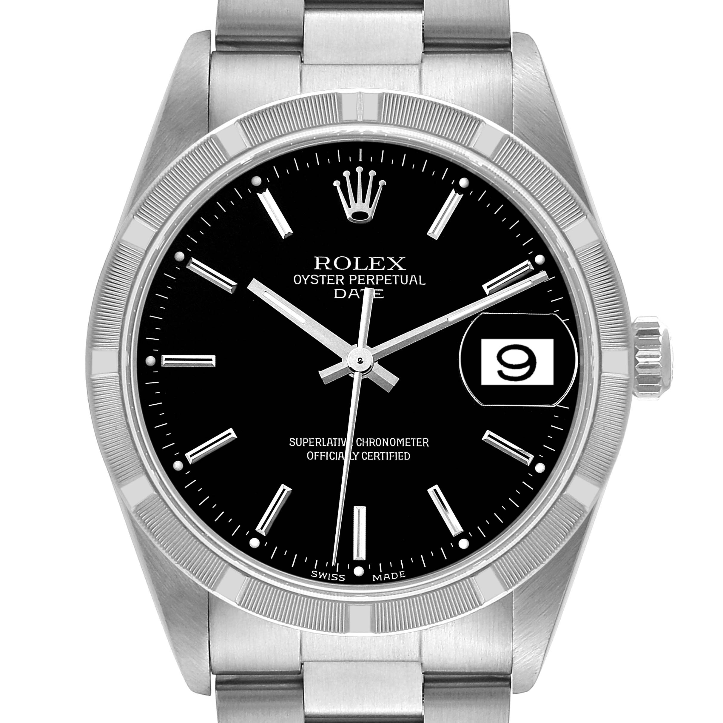 This image shows a front view of a Rolex Oyster Perpetual Date watch, highlighting the dial, bezel, and part of the bracelet.