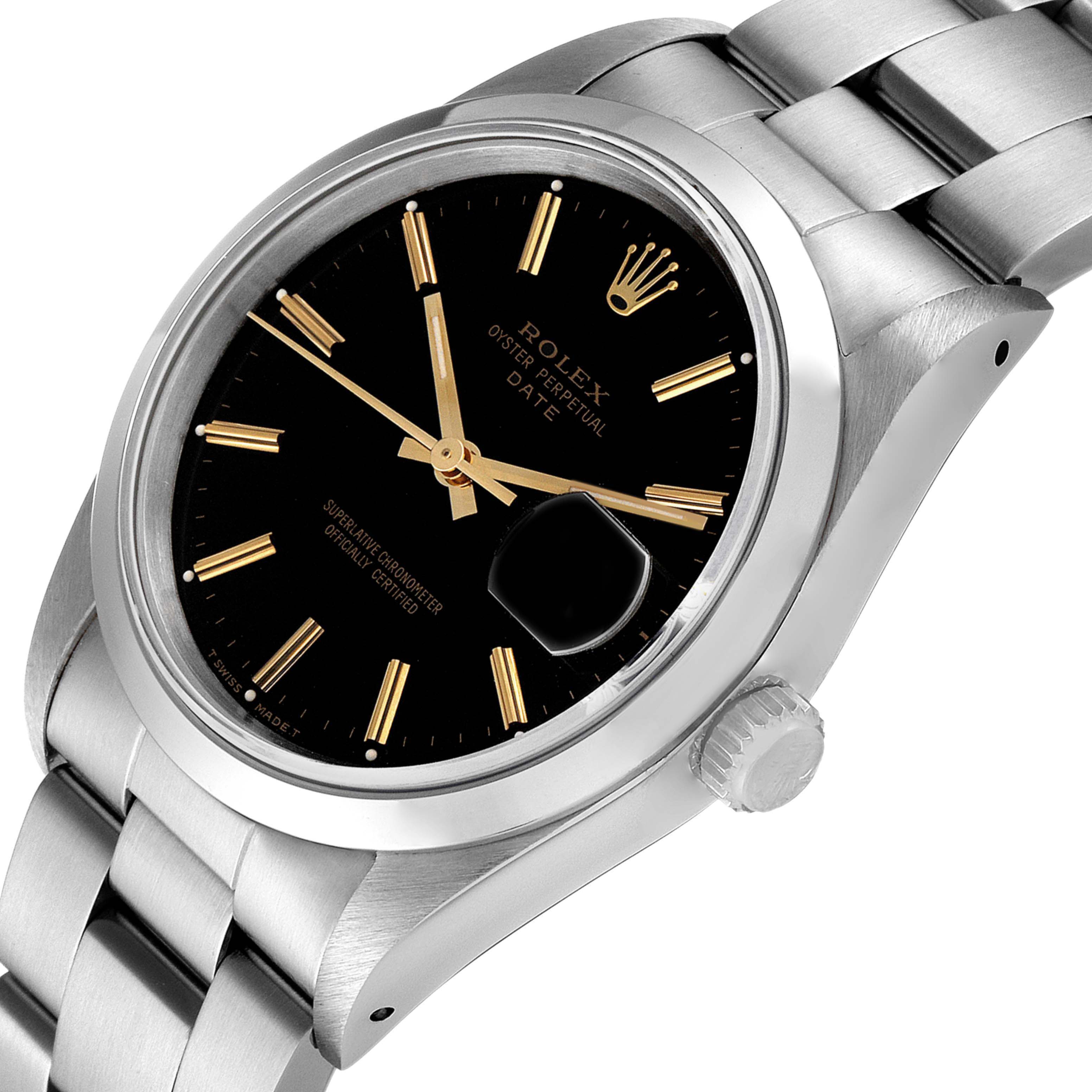 The image shows a side view of the Rolex Date 15200 Men's Stainless Steel Black Dial 15200 Men's Stainless Steel Black Dial model, highlighting the black dial, gold hands, and stainless steel bracelet.