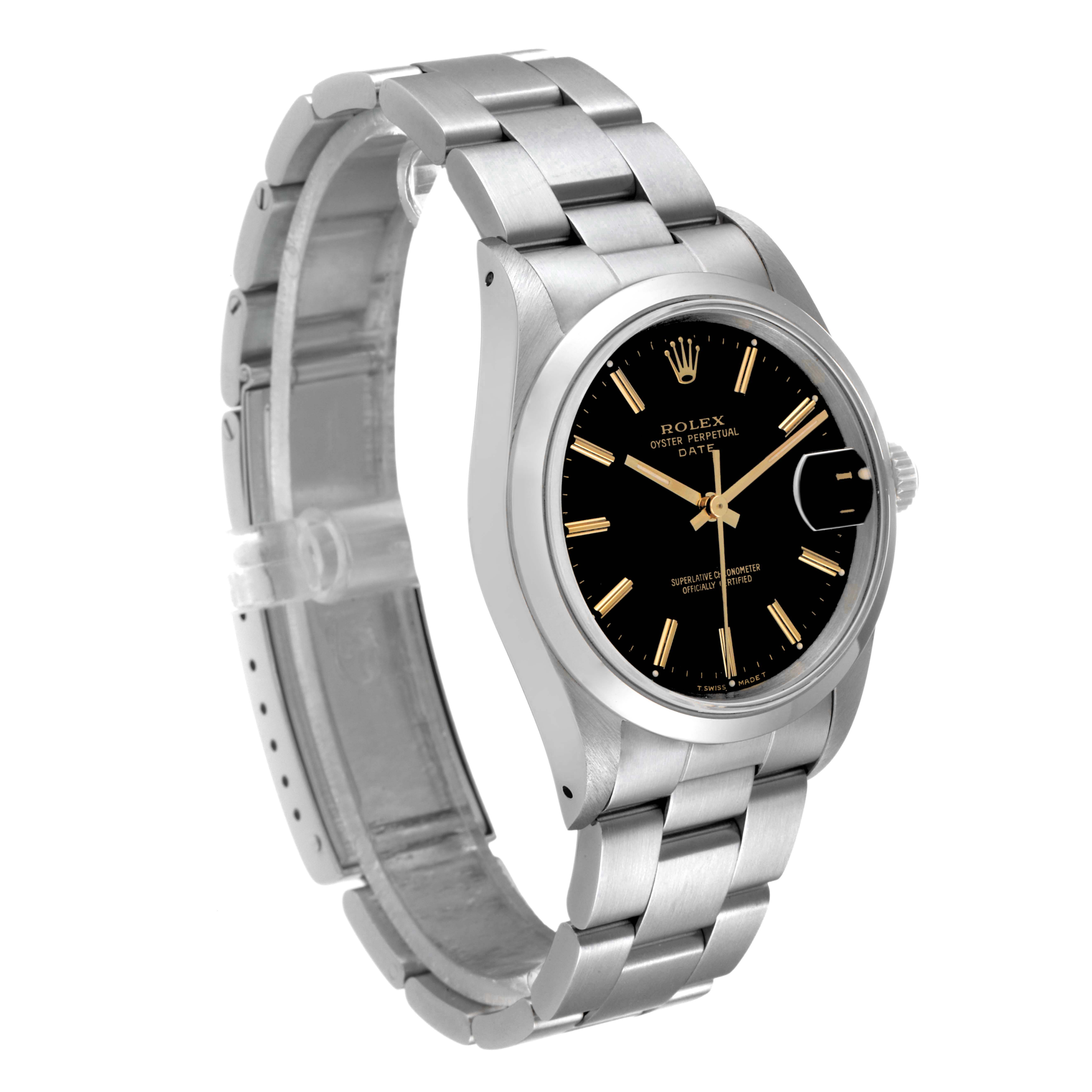 This image shows a side angle of the Rolex Date 15200 Men's Stainless Steel Black Dial 15200 Men's Stainless Steel Black Dial model watch, highlighting its black dial, metal bracelet, and date window.