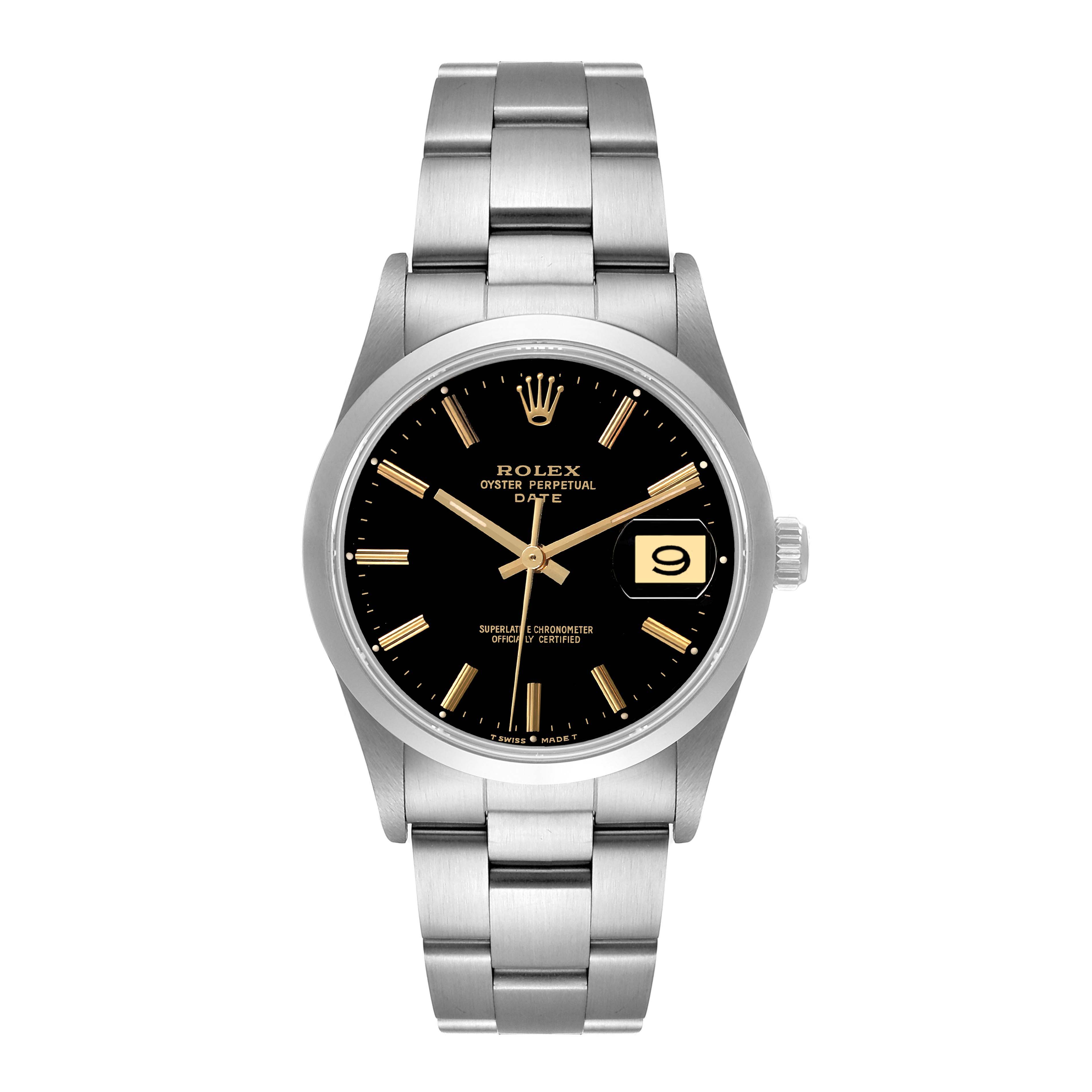 The image shows a Rolex Date 15200 Men's Stainless Steel Black Dial 15200 Men's Stainless Steel Black Dial model watch, displayed from the front, highlighting the face, bezel, and bracelet.