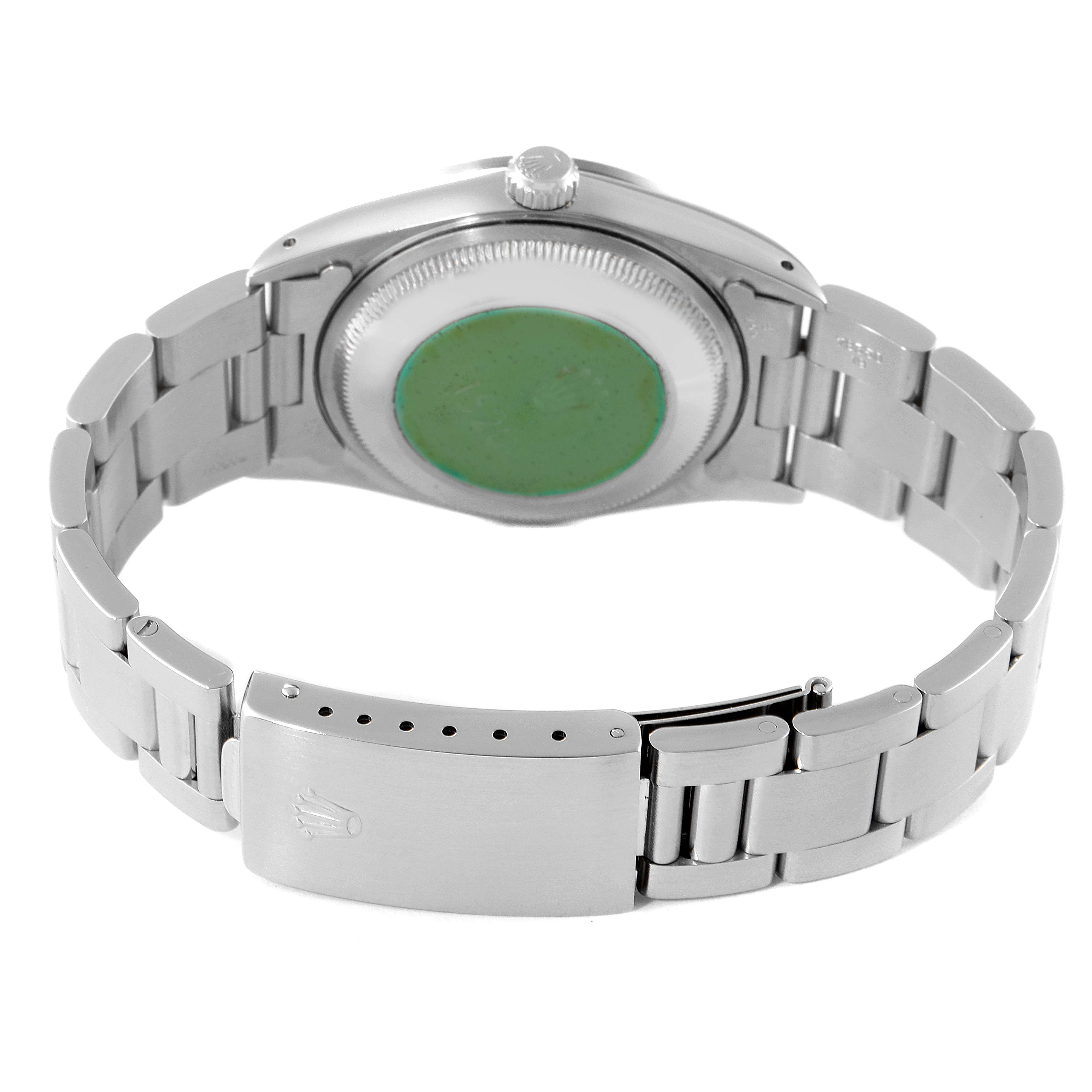 This image shows the back of a Rolex Date 15200 Men's Stainless Steel Black Dial 15200 Men's Stainless Steel Black Dial model watch, highlighting the bracelet and clasp.