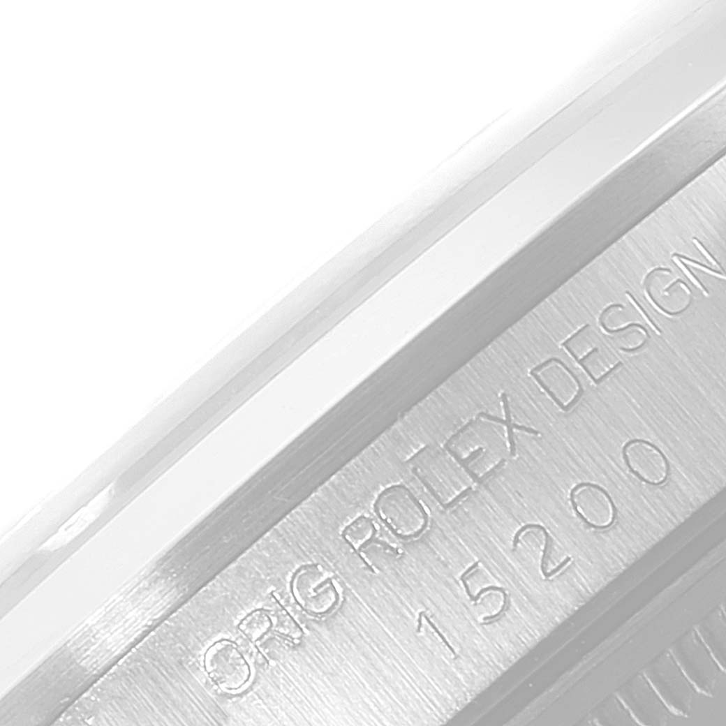 This close-up angle of a Rolex Date 15200 Men's Stainless Steel Black Dial 15200 Men's Stainless Steel Black Dial model shows the engraved "ORIG ROLEX DESIGN 15200" on the case side.