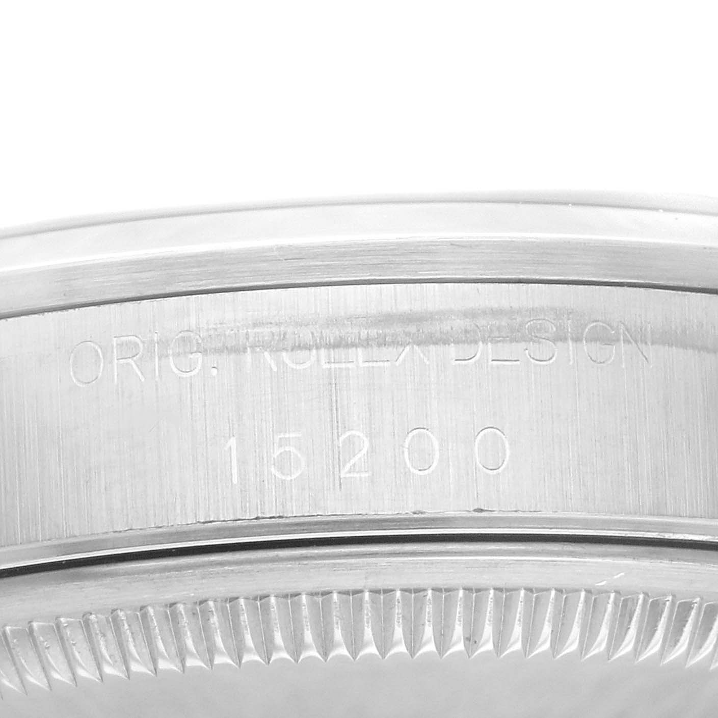 This close-up image shows the side engraving and part of the bezel of a Rolex Date 15200 Men
s Stainless Steel Black Dial 15200 Men
s Stainless Steel Black Dial model watch.