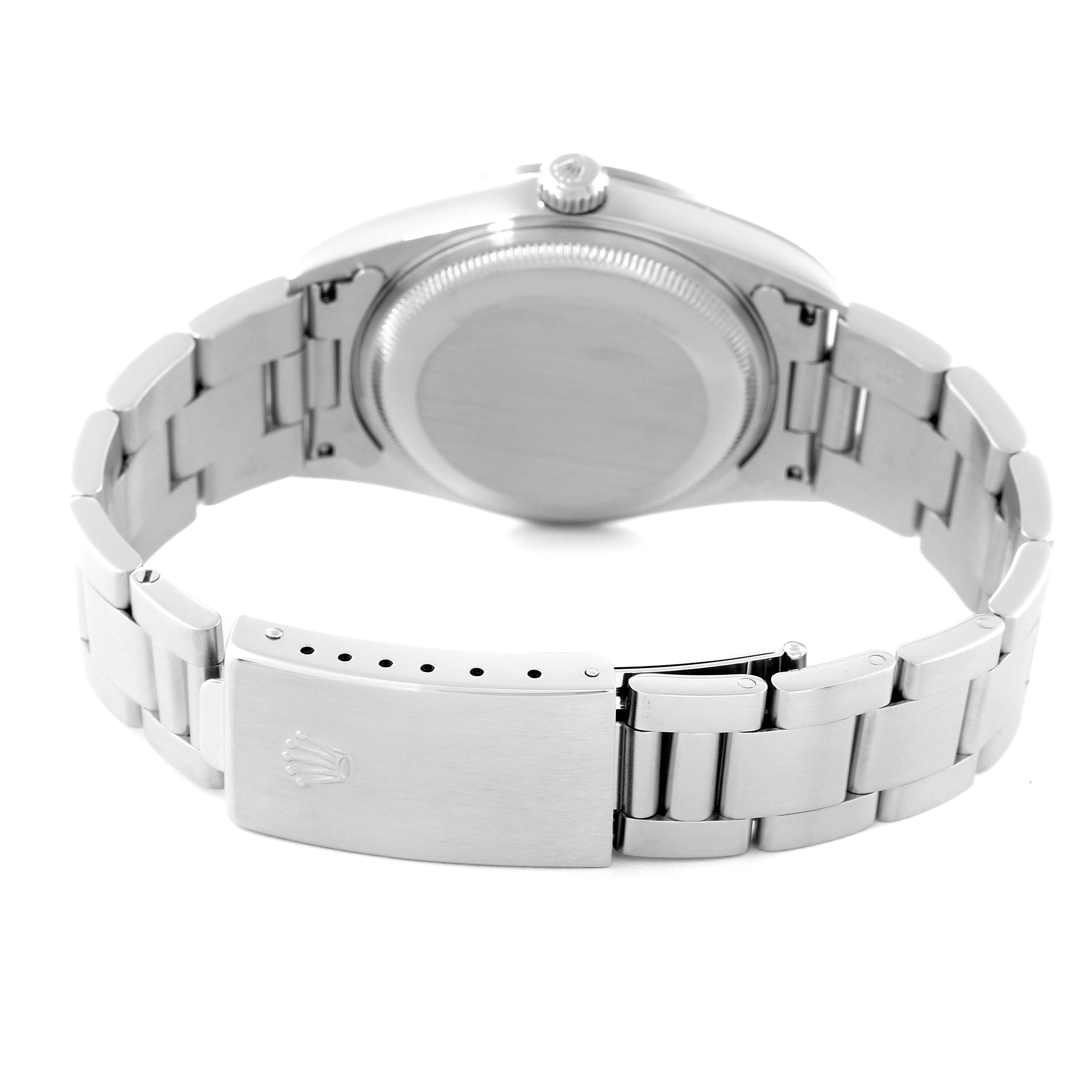 This image shows the back view of a Rolex Date 15200 Men
s Stainless Steel Black Dial 15200 Men
s Stainless Steel Black Dial model watch, highlighting the case back, crown, and bracelet with the clasp open.