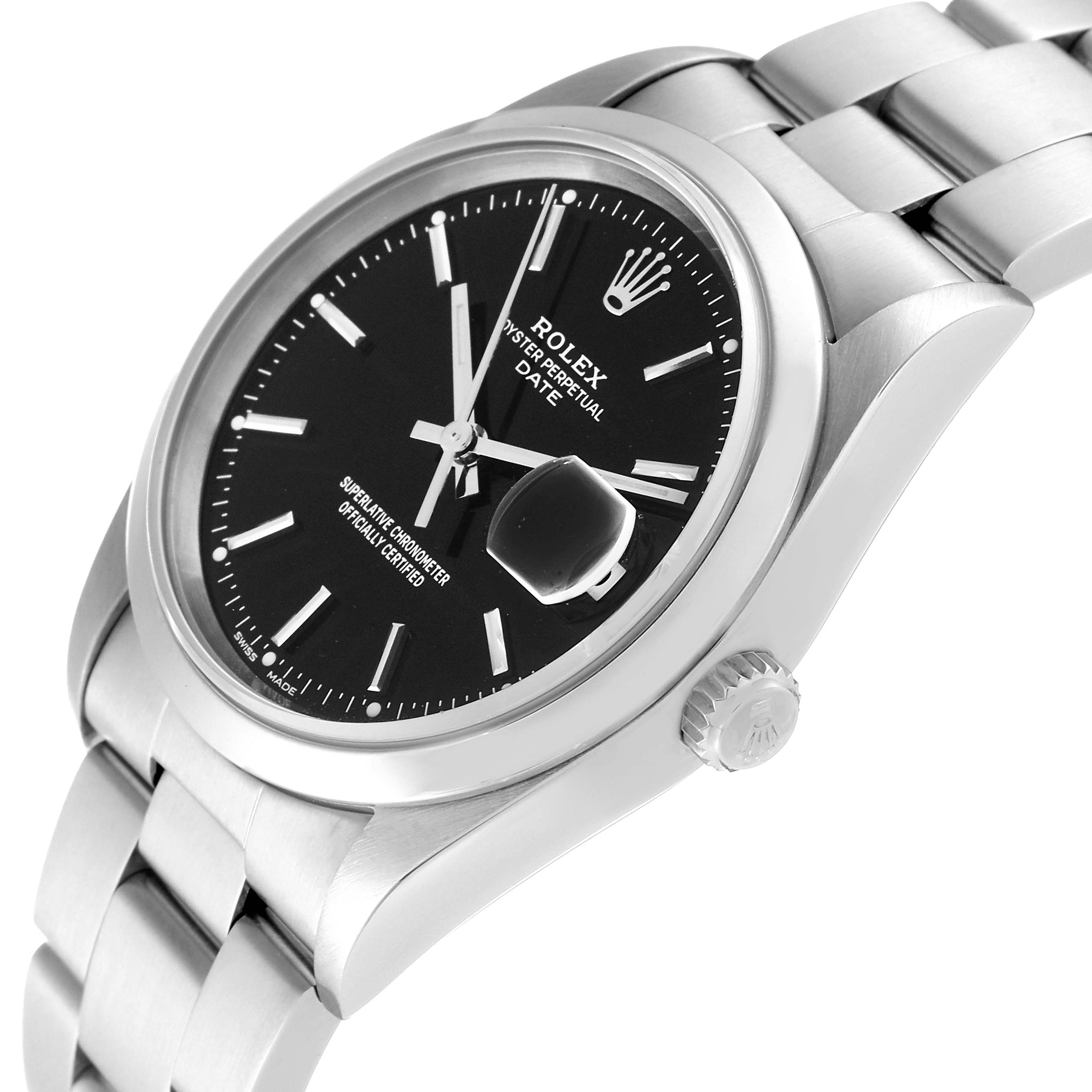 This image shows a side view of the Rolex Date 15200 Men
s Stainless Steel Black Dial 15200 Men
s Stainless Steel Black Dial model watch, highlighting its face, crown, and bracelet.