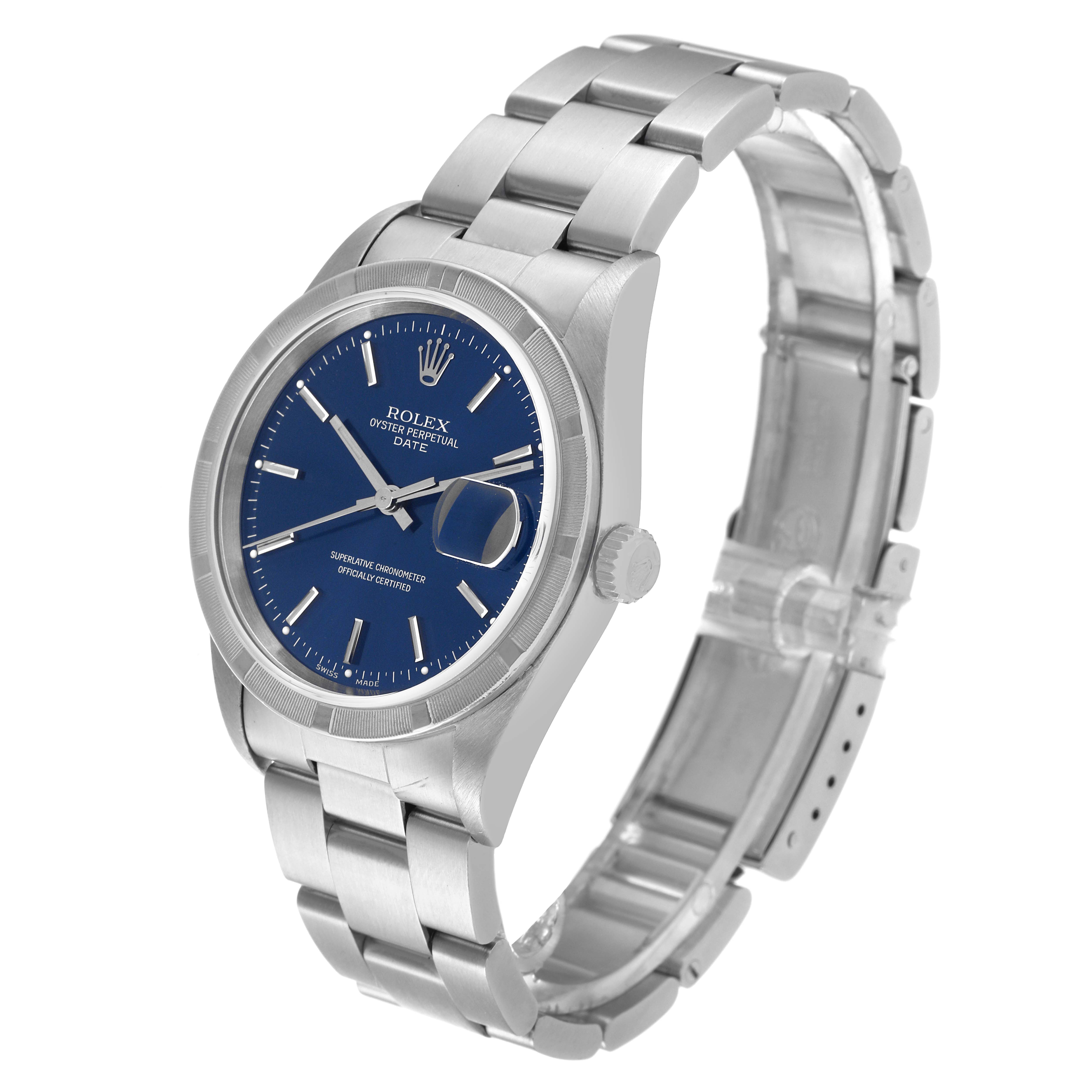 This image shows a Rolex Date 15210 Men's Stainless Steel Blue Dial 15210 Men's Stainless Steel Blue Dial model watch at an angle highlighting the face, crown, and bracelet.