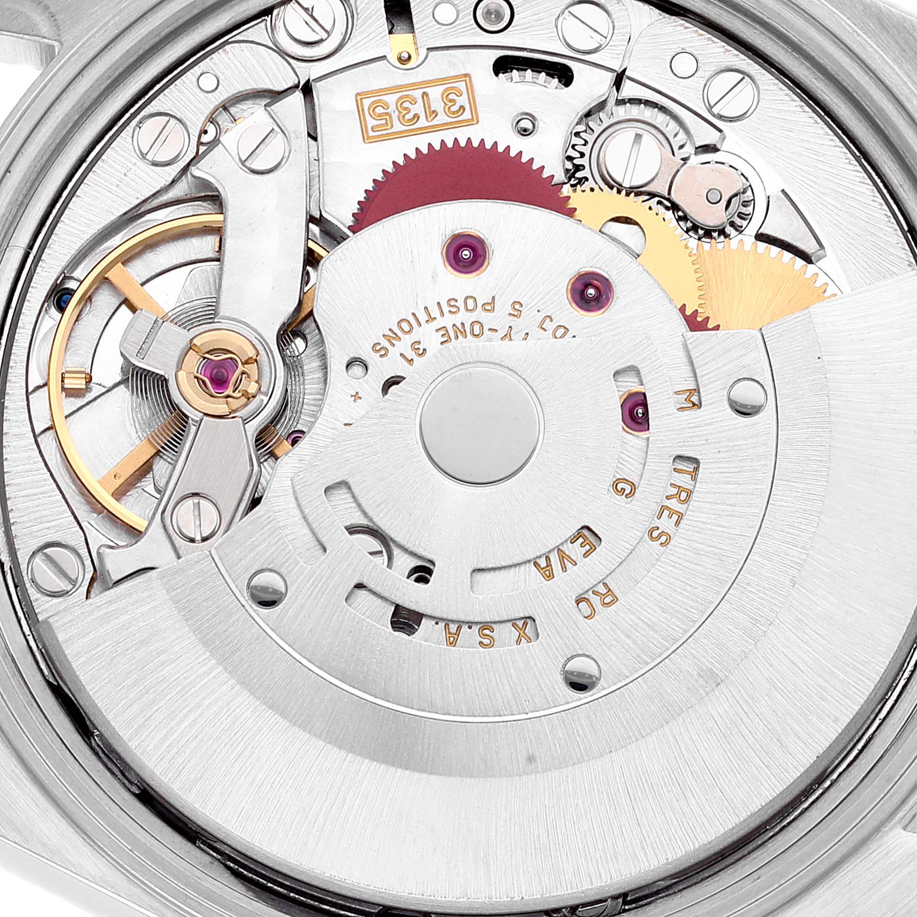 This is a close-up view of the movement mechanism inside a Rolex Date 15210 Men's Stainless Steel Blue Dial 15210 Men's Stainless Steel Blue Dial model watch.