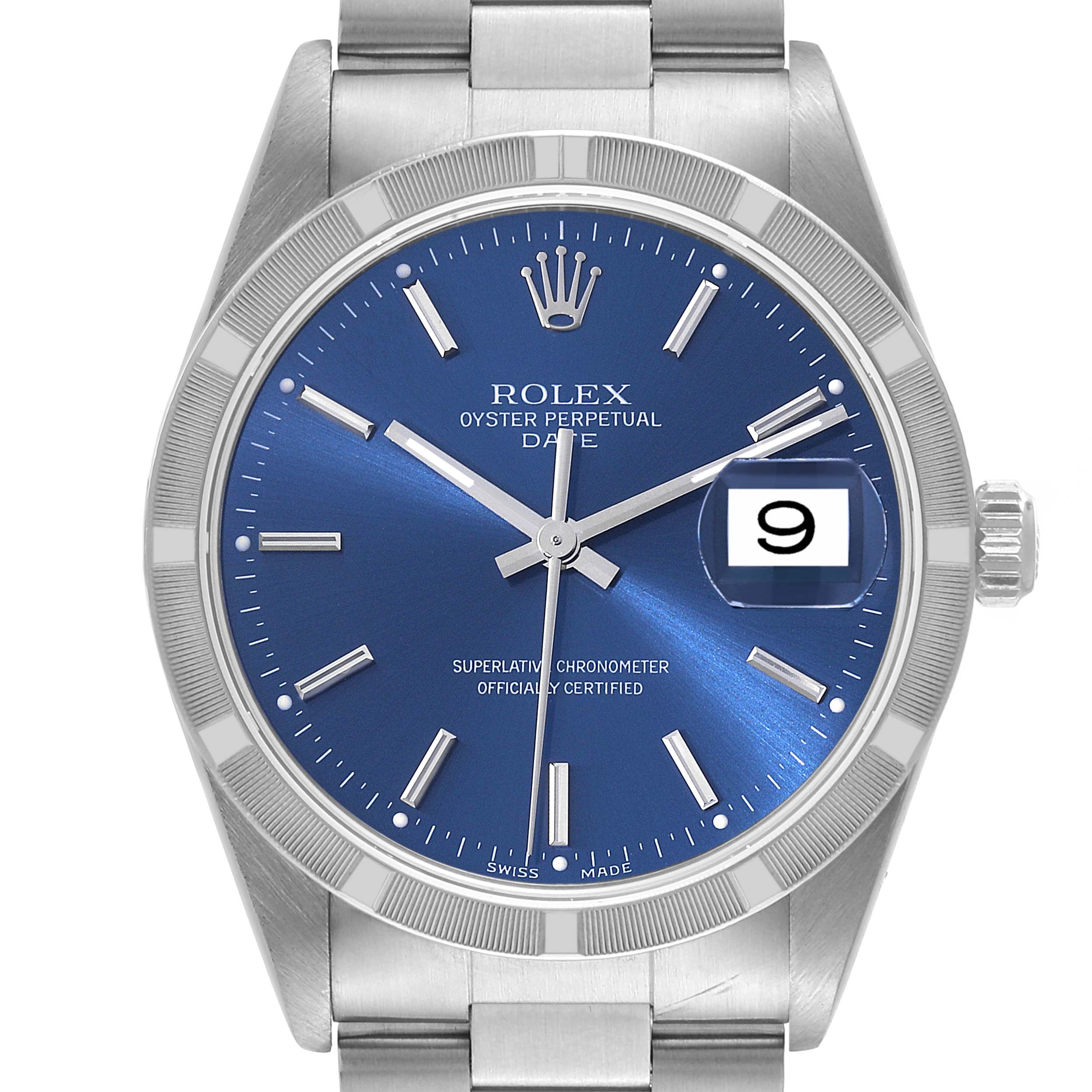 The image shows a front view of the Rolex Date 15210 Men's Stainless Steel Blue Dial 15210 Men's Stainless Steel Blue Dial model watch, highlighting its blue dial, date window, and stainless steel bracelet.